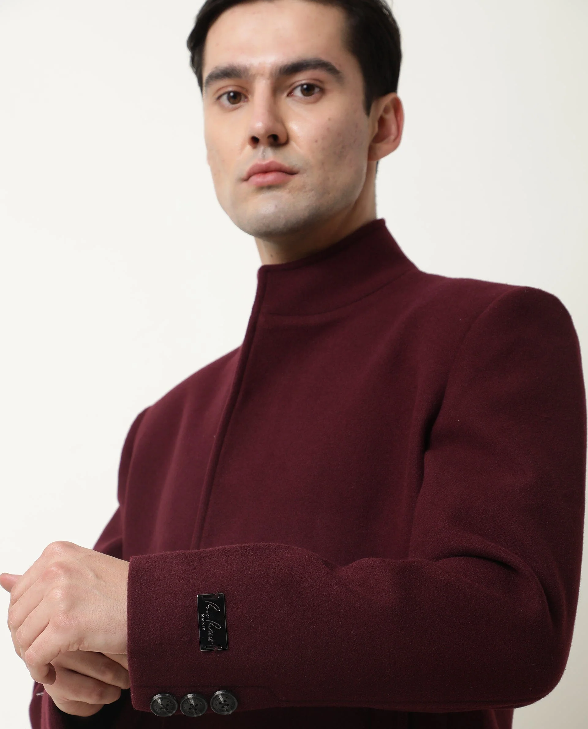 Rare Rabbit Men's Ruco Maroon Polyester Plain Regular Fit Full Sleeve Mandarin Collar Jacket - Image 6