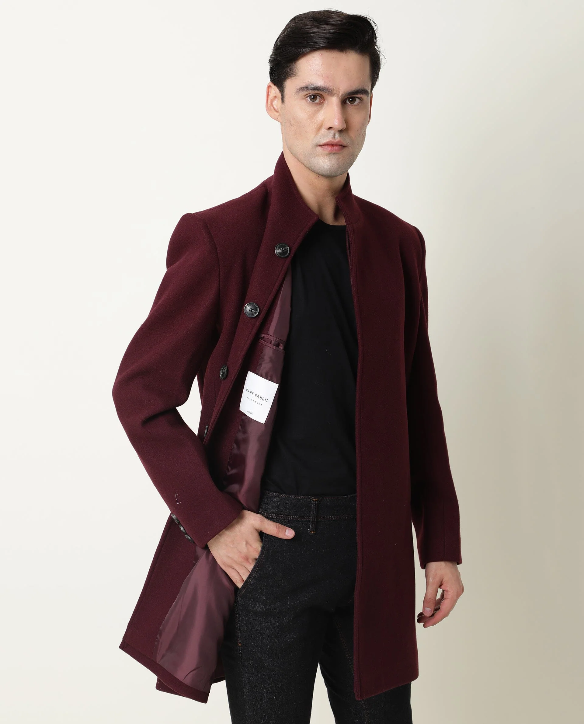 Rare Rabbit Men's Ruco Maroon Polyester Plain Regular Fit Full Sleeve Mandarin Collar Jacket - Image 7