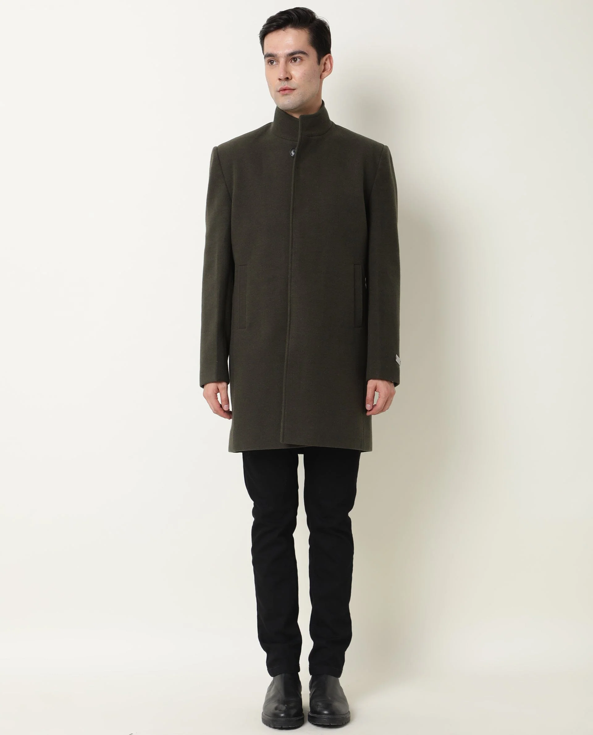 Rare Rabbit Men's Ruco Olive Plain Regular Fit Full Sleeve High Neck Jacket - Image 2
