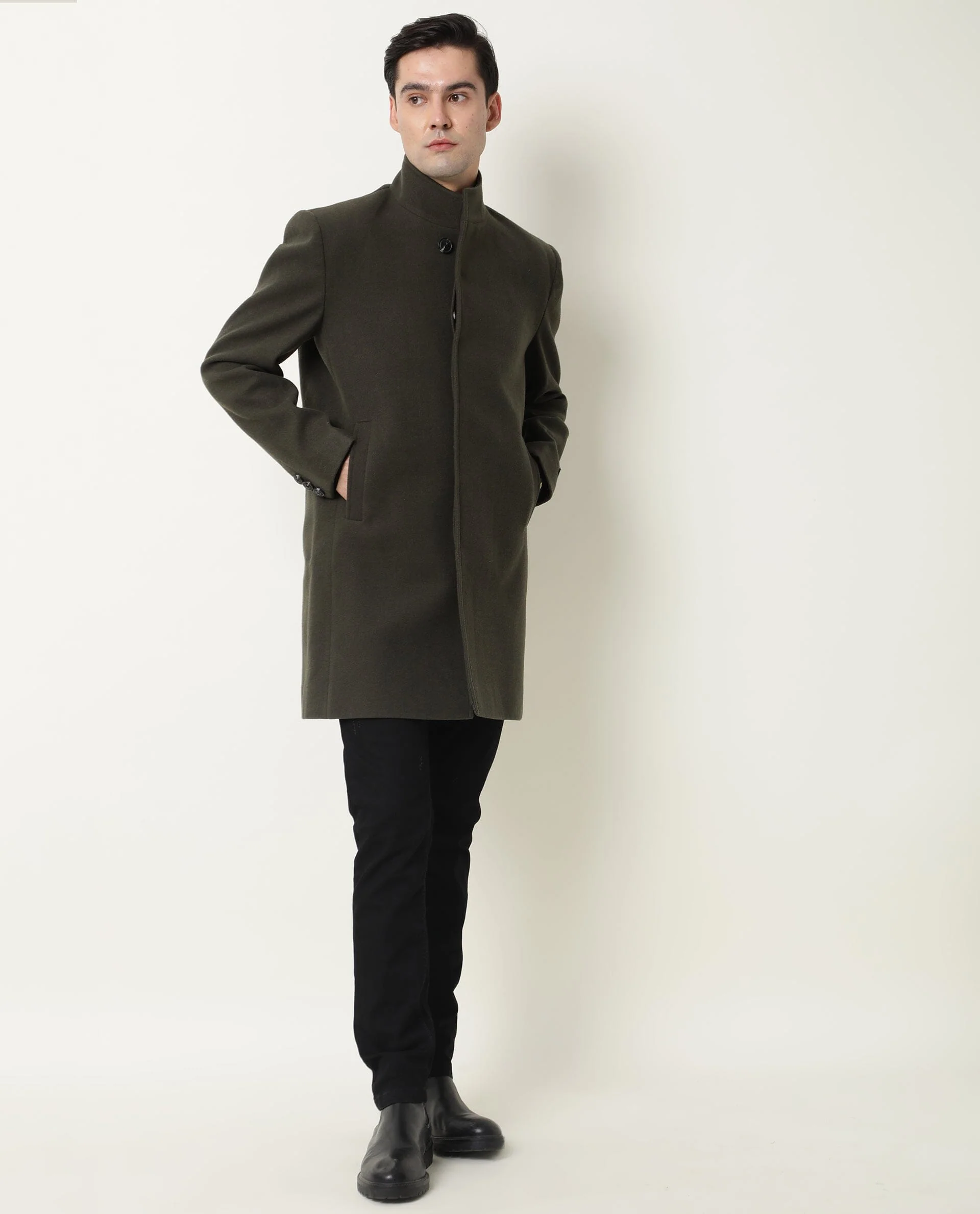 Rare Rabbit Men's Ruco Olive Plain Regular Fit Full Sleeve High Neck Jacket - Image 3