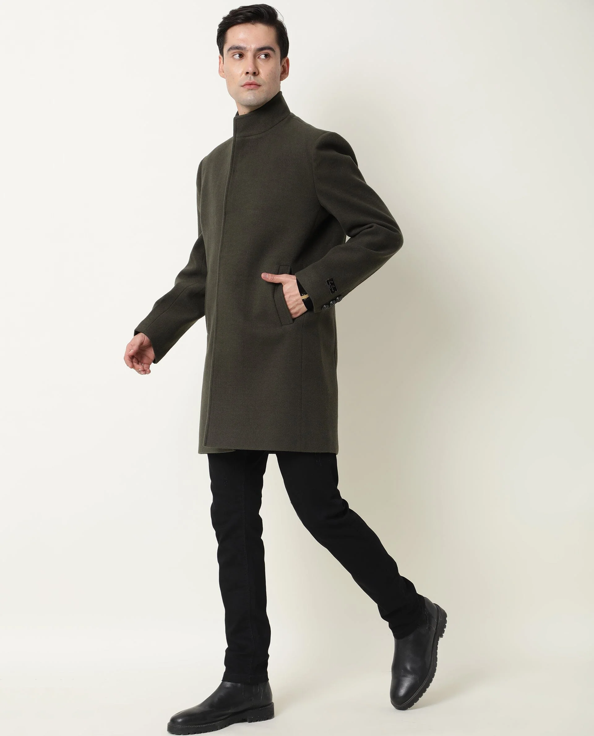 Rare Rabbit Men's Ruco Olive Plain Regular Fit Full Sleeve High Neck Jacket - Image 4