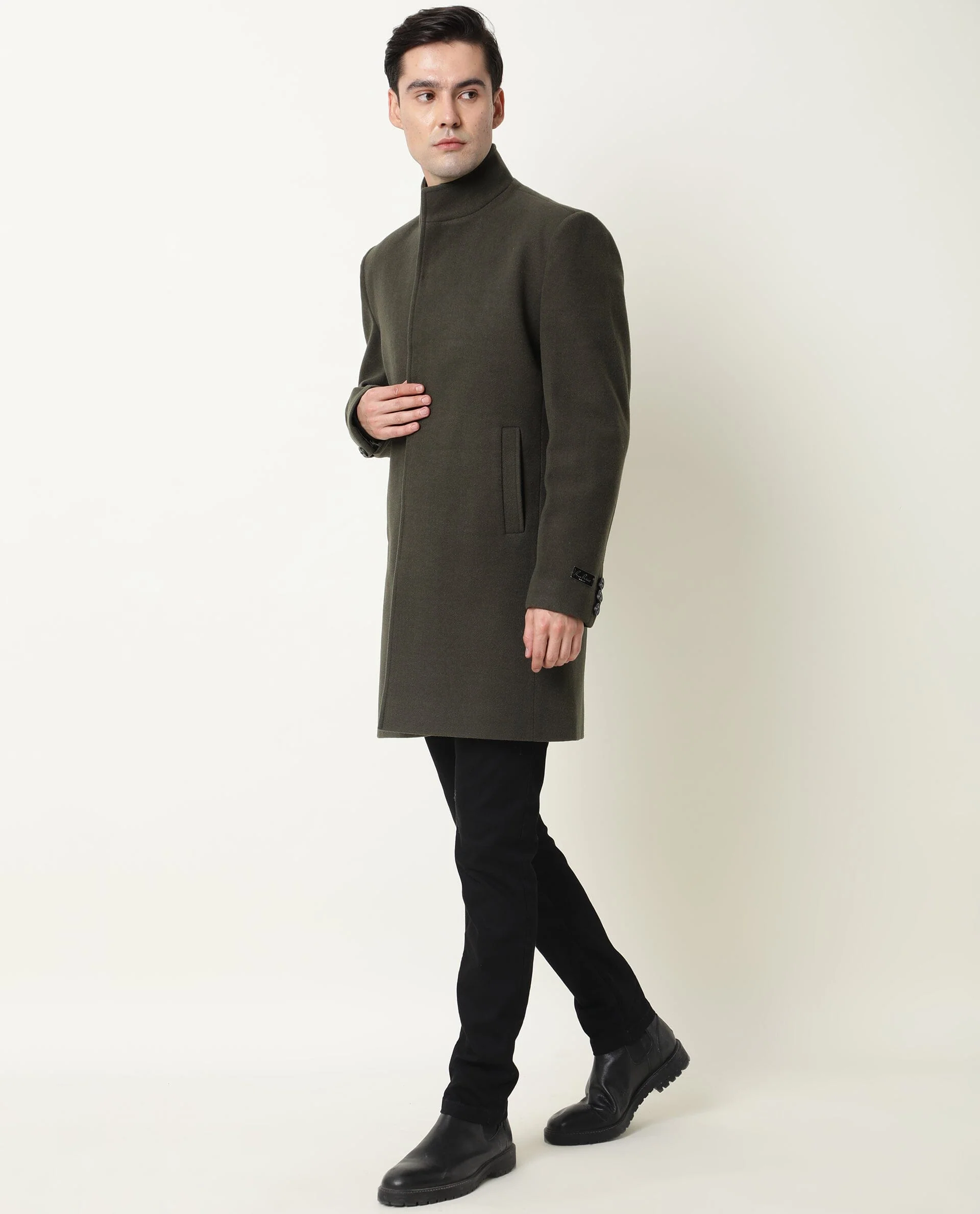 Rare Rabbit Men's Ruco Olive Plain Regular Fit Full Sleeve High Neck Jacket - Image 5
