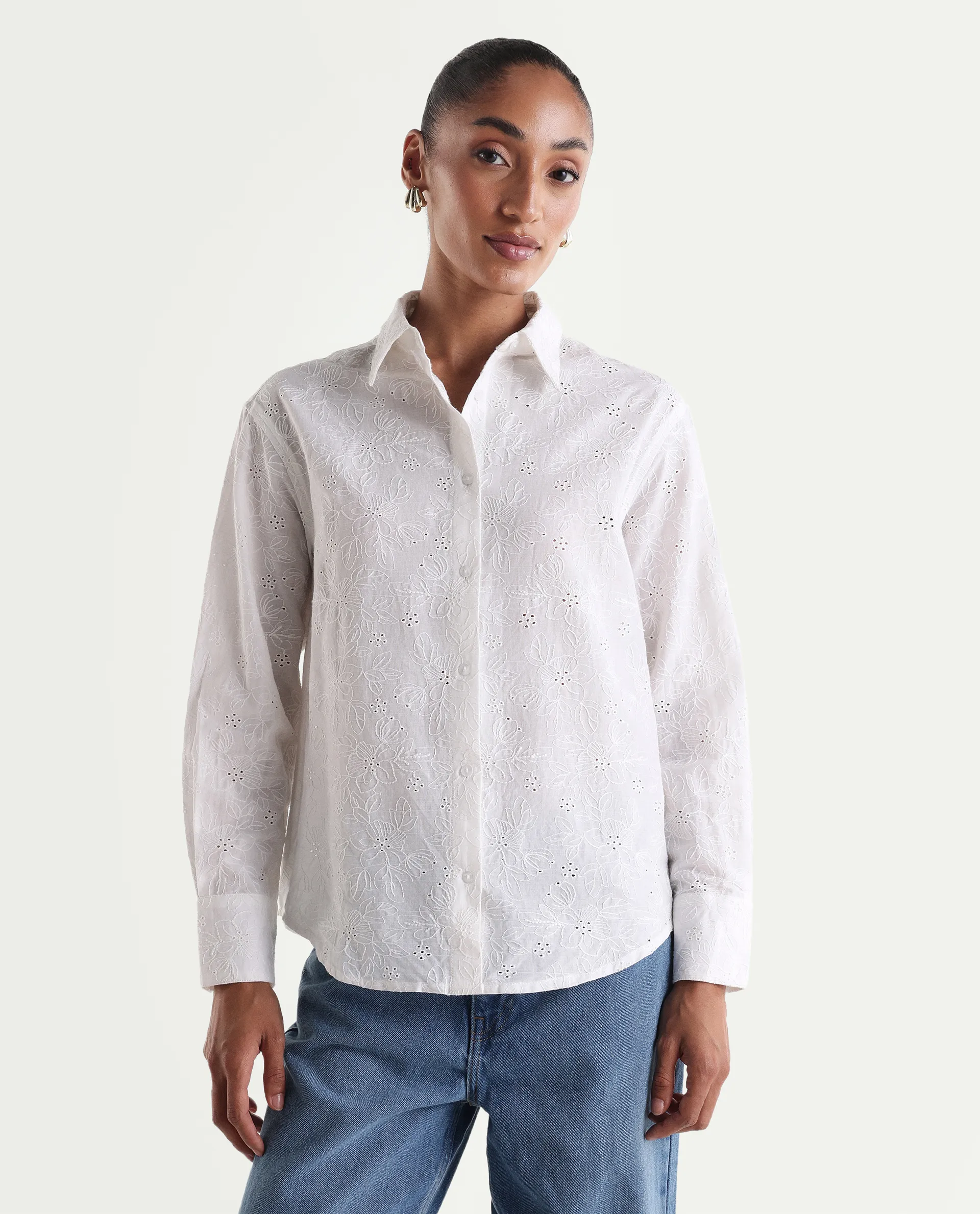 Rareism Women's Ruco Primary White Cotton Full Sleeve Spread Collar Relaxed Fit Shirt - Image 3