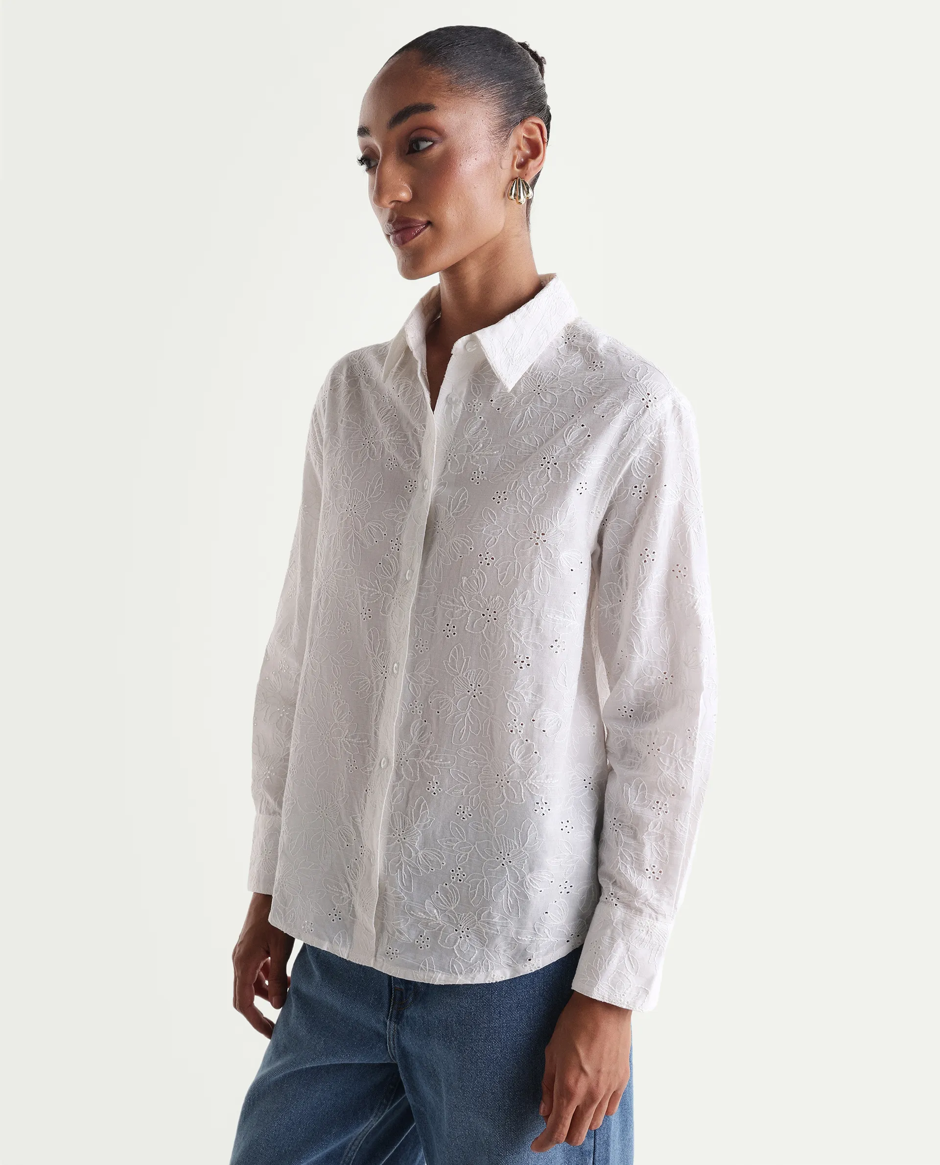 Rareism Women's Ruco Primary White Cotton Full Sleeve Spread Collar Relaxed Fit Shirt - Image 5