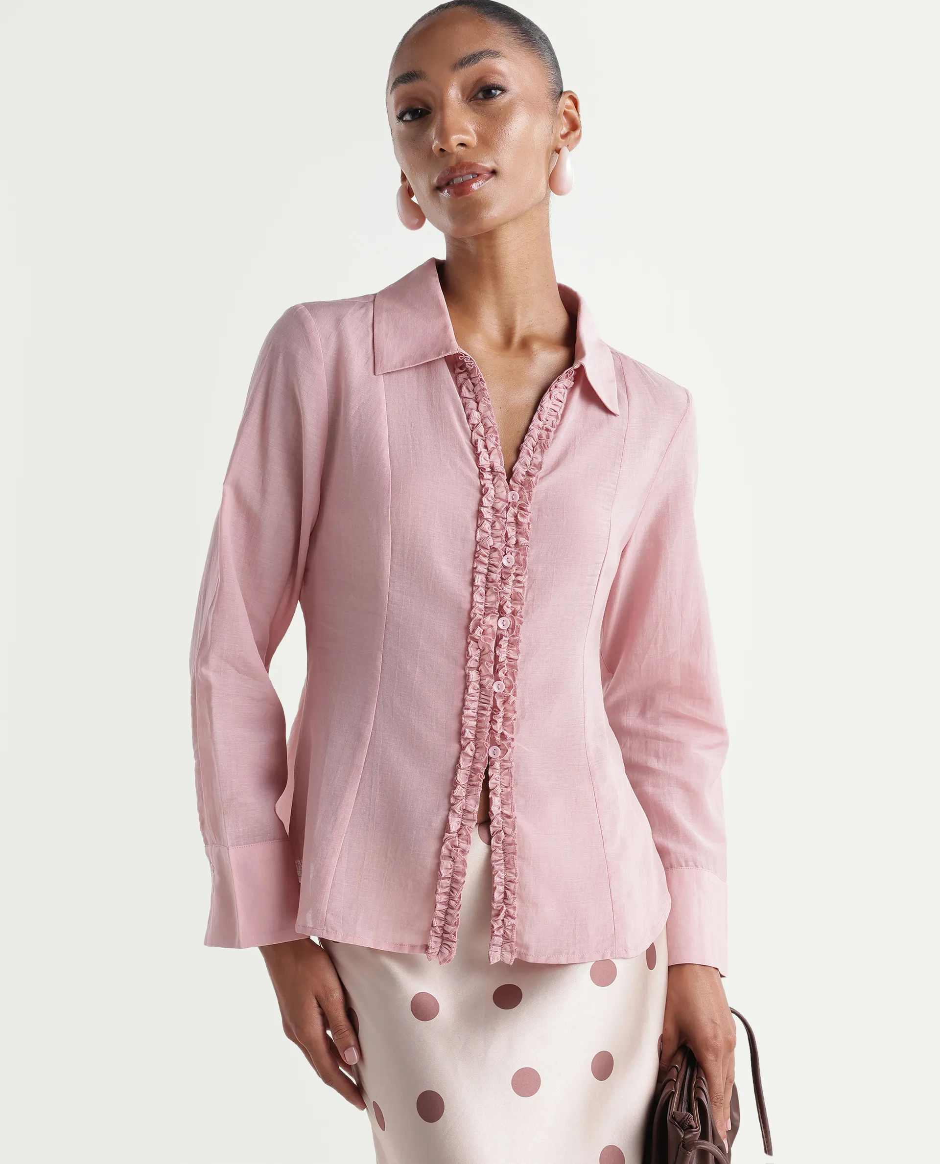 Rareism Women's Rucon Dusky Pink Nylon Blend Johnny Collar Regular Plain Shirt - Image 2