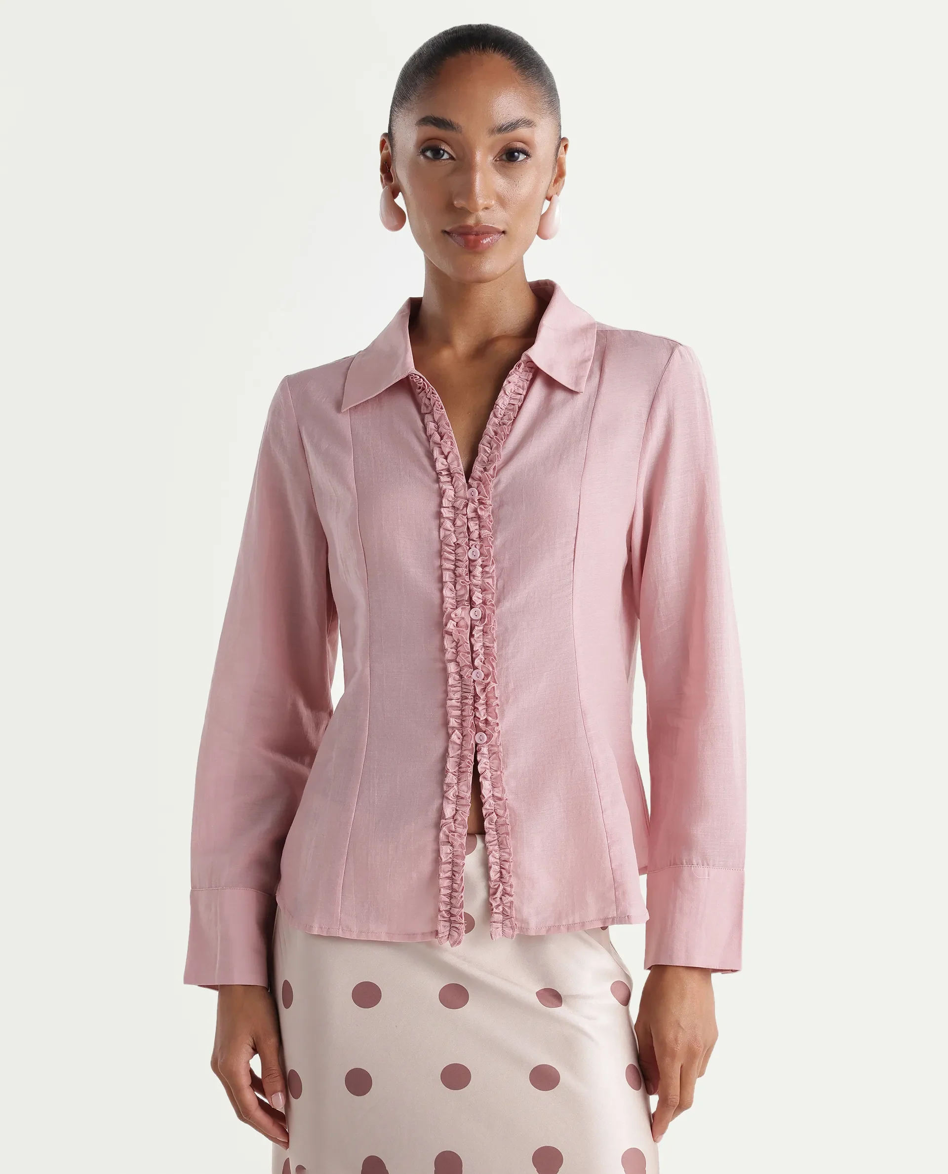 Rareism Women's Rucon Dusky Pink Nylon Blend Johnny Collar Regular Plain Shirt - Image 4
