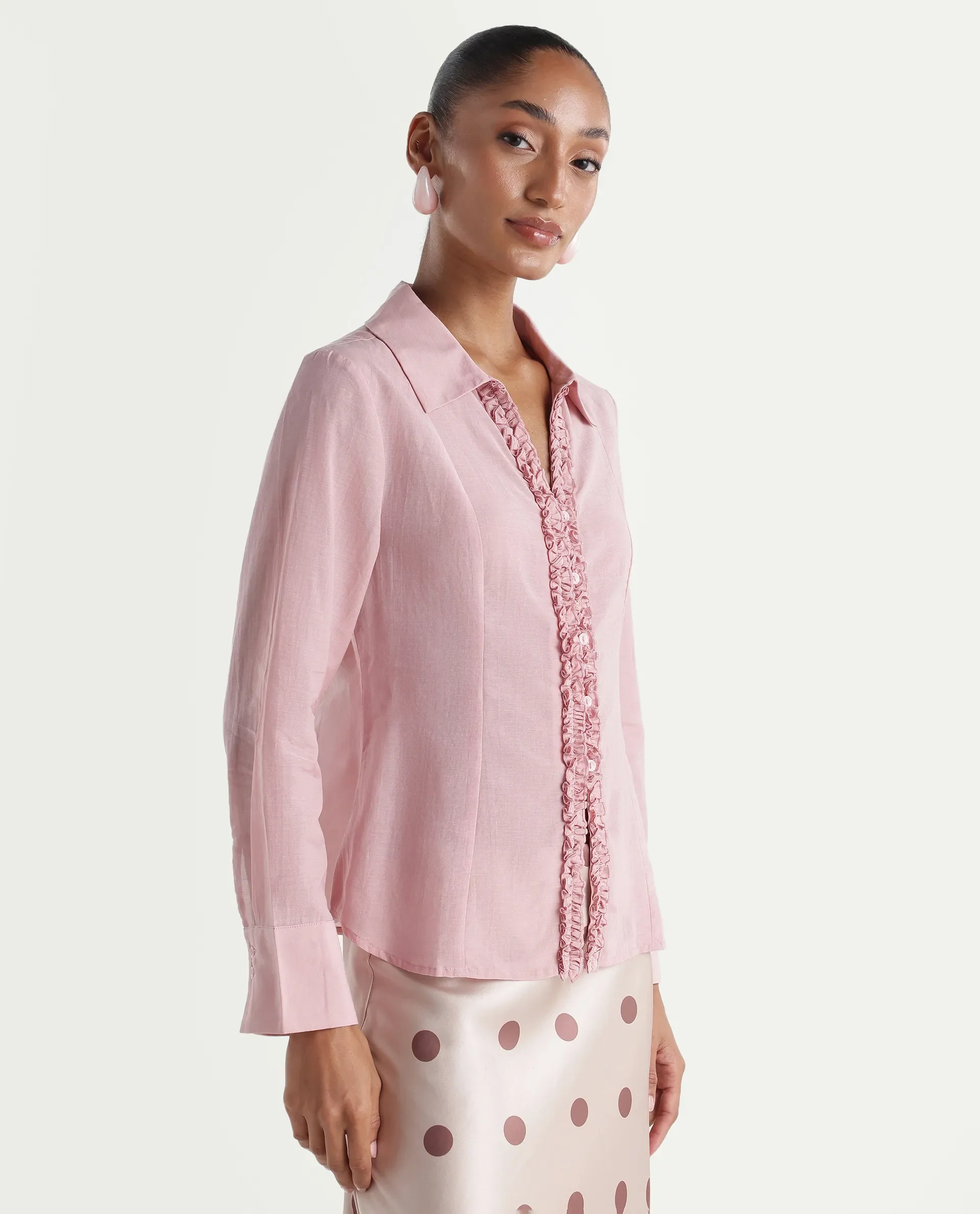 Rareism Women's Rucon Dusky Pink Nylon Blend Johnny Collar Regular Plain Shirt - Image 5