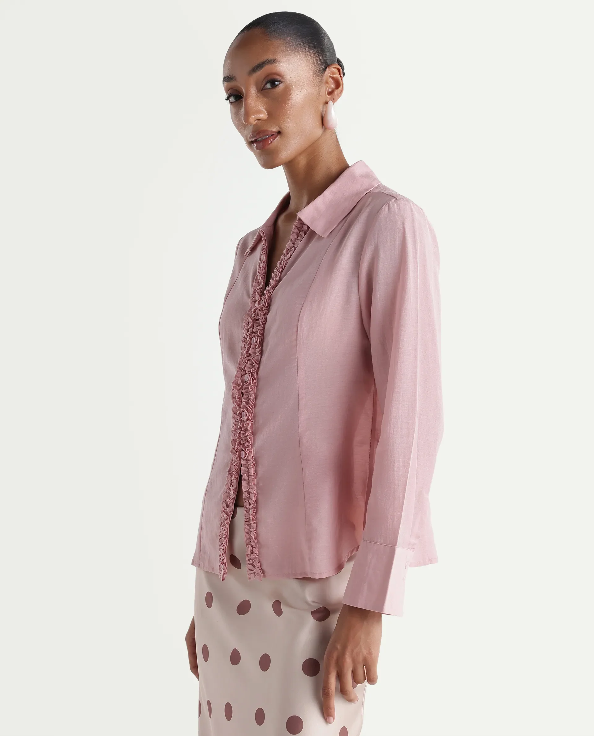 Rareism Women's Rucon Dusky Pink Nylon Blend Johnny Collar Regular Plain Shirt - Image 6