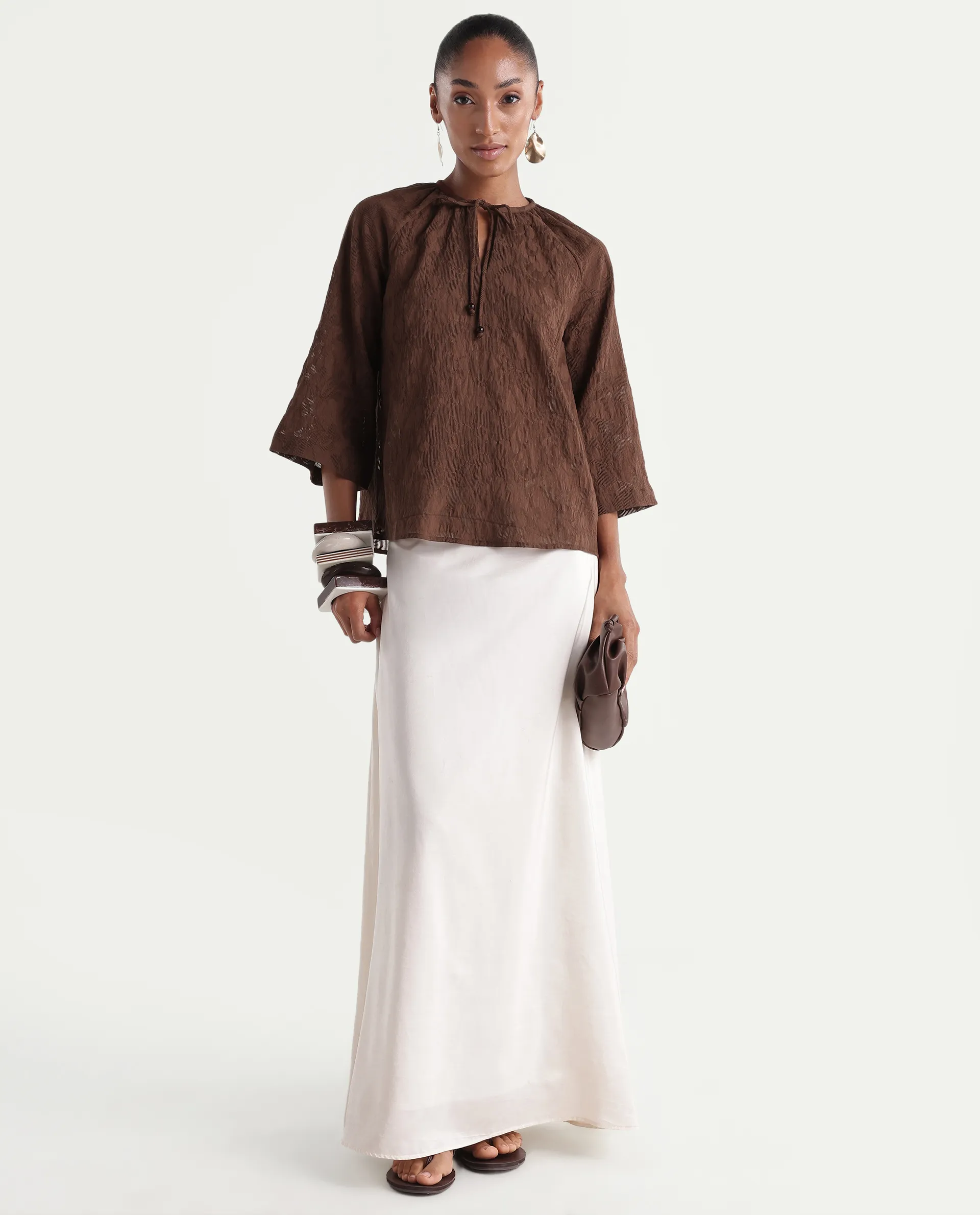 Rareism Women's Rucos Brown Viscose Blend Crew Neck Relaxed Jacquard Top - Image 2
