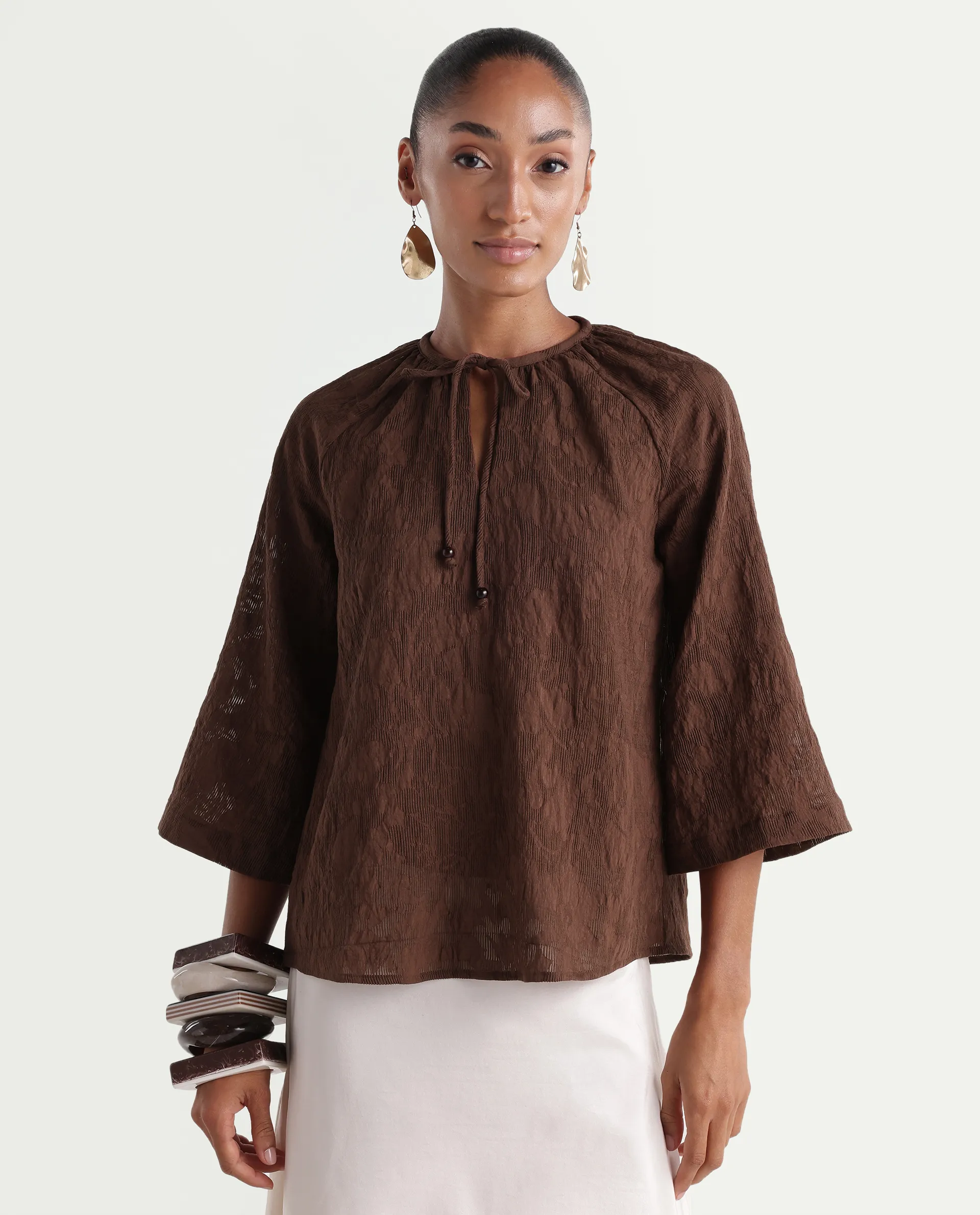 Rareism Women's Rucos Brown Viscose Blend Crew Neck Relaxed Jacquard Top - Image 3