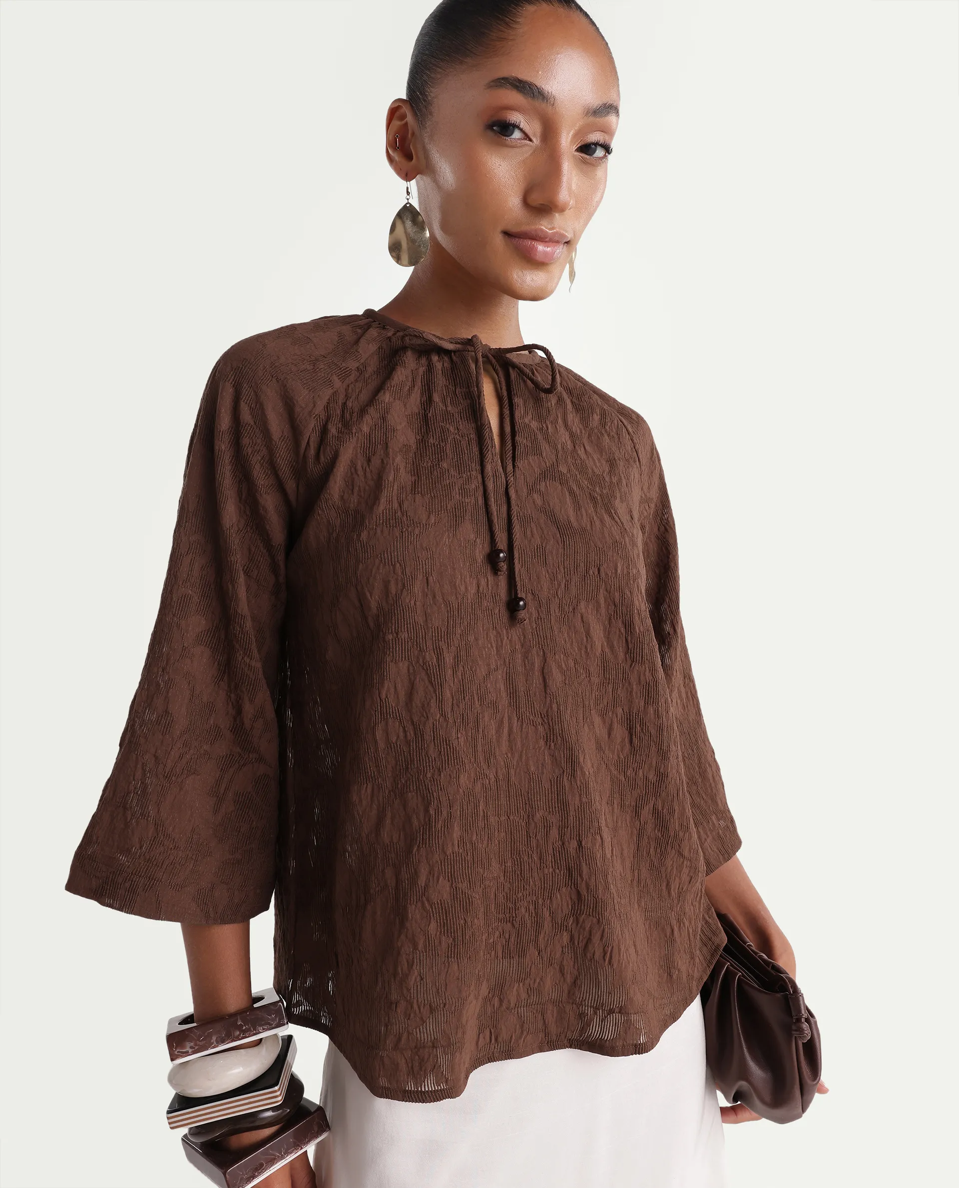 Rareism Women's Rucos Brown Viscose Blend Crew Neck Relaxed Jacquard Top - Image 4