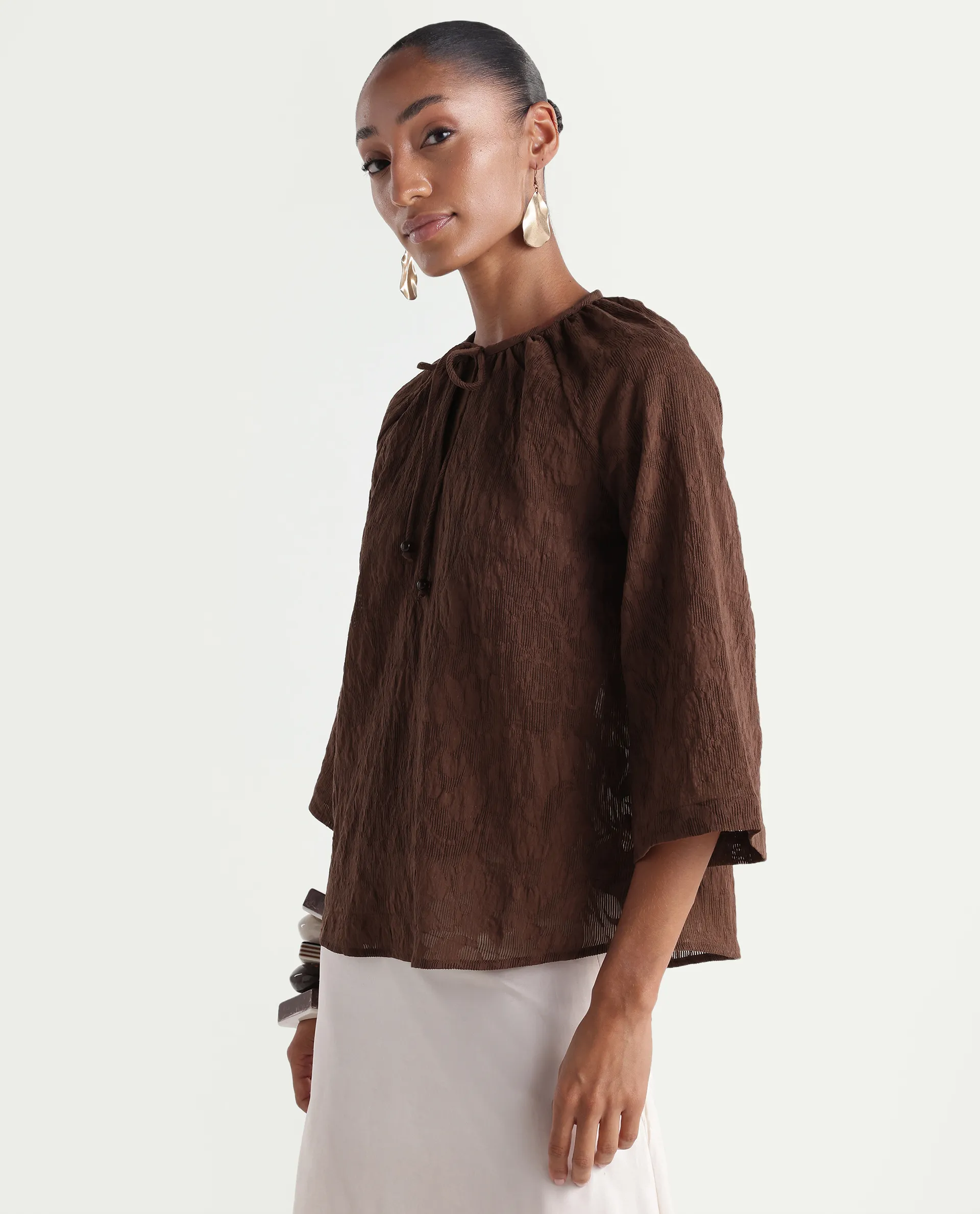 Rareism Women's Rucos Brown Viscose Blend Crew Neck Relaxed Jacquard Top - Image 5