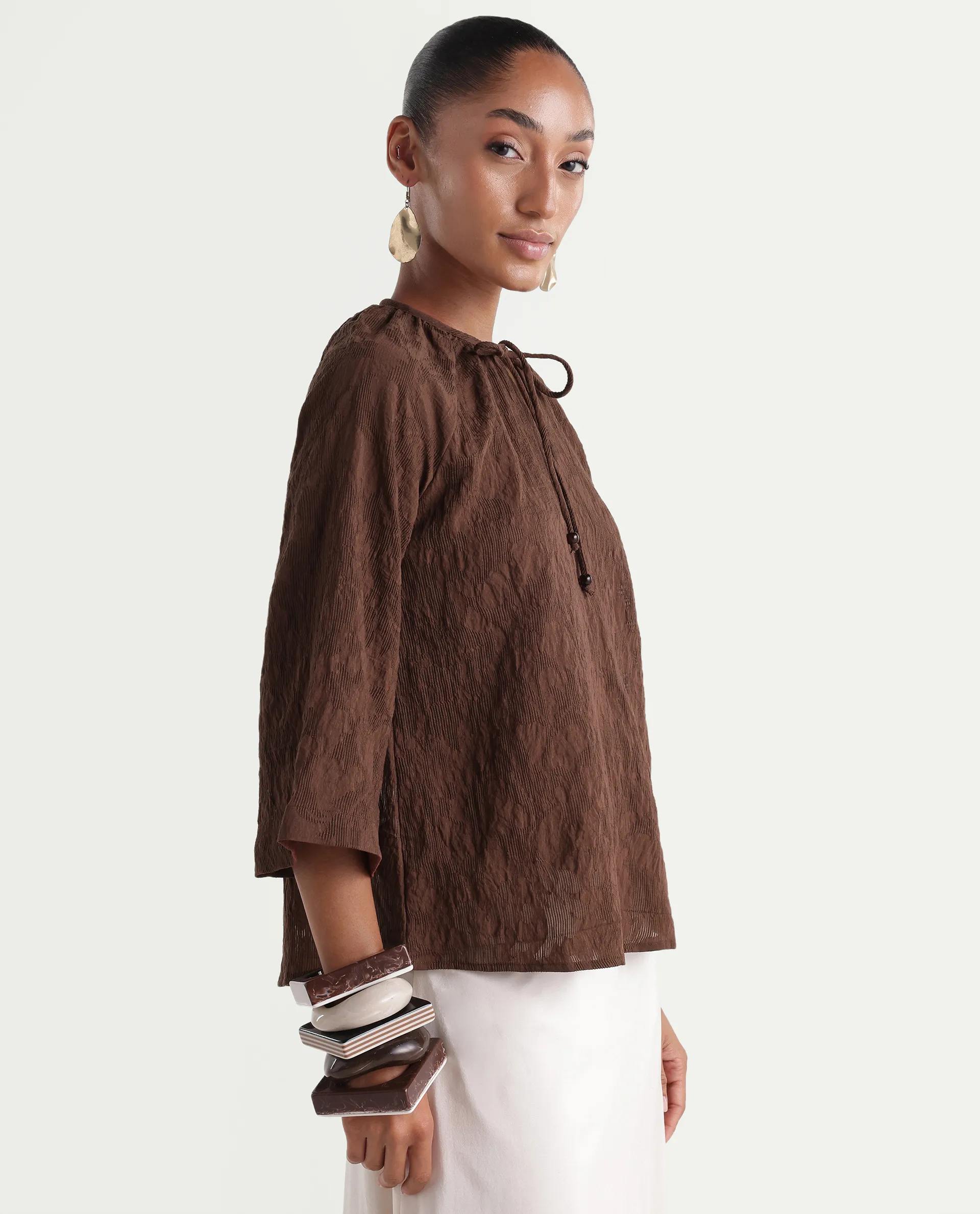 Rareism Women's Rucos Brown Viscose Blend Crew Neck Relaxed Jacquard Top - Image 6