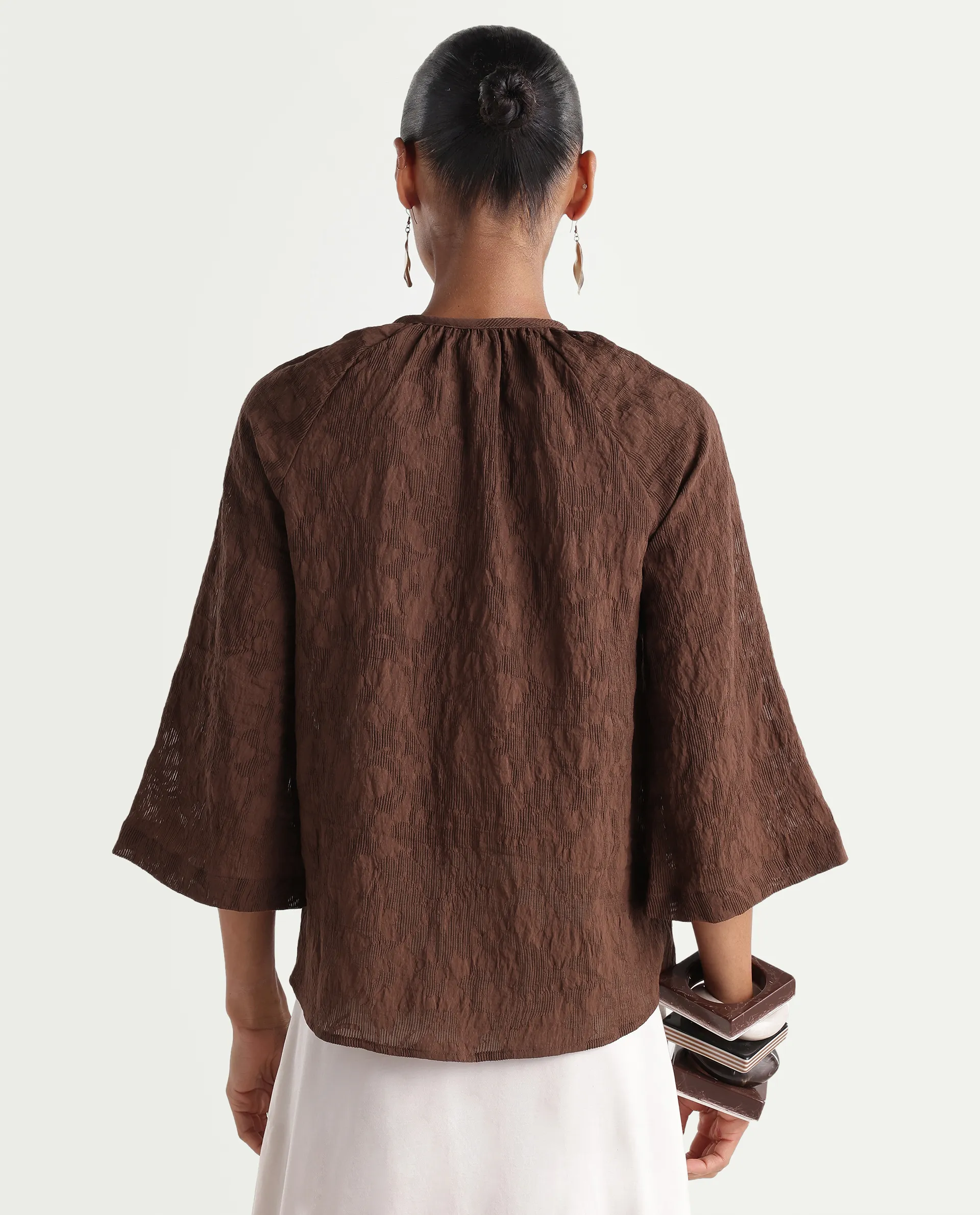 Rareism Women's Rucos Brown Viscose Blend Crew Neck Relaxed Jacquard Top - Image 7
