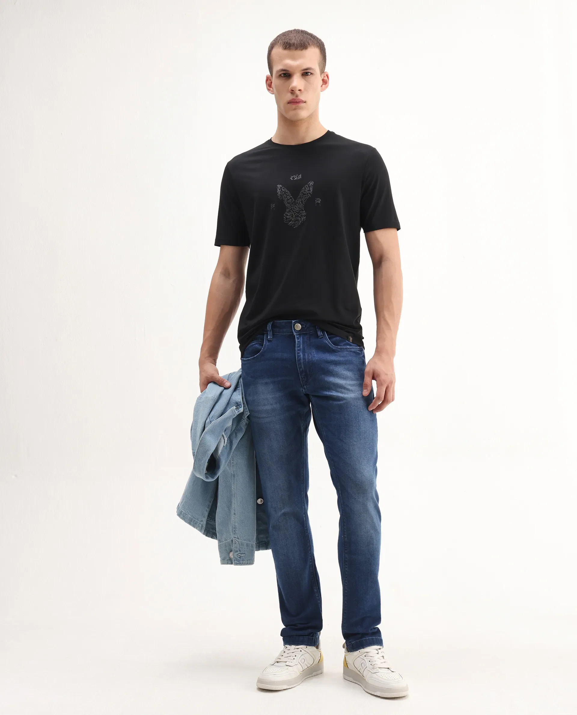 Rare Rabbit Men's Rudi Black Cotton Blend Graphic Print Regular Fit Half Sleeve Crew Neck T-Shirt - Image 2