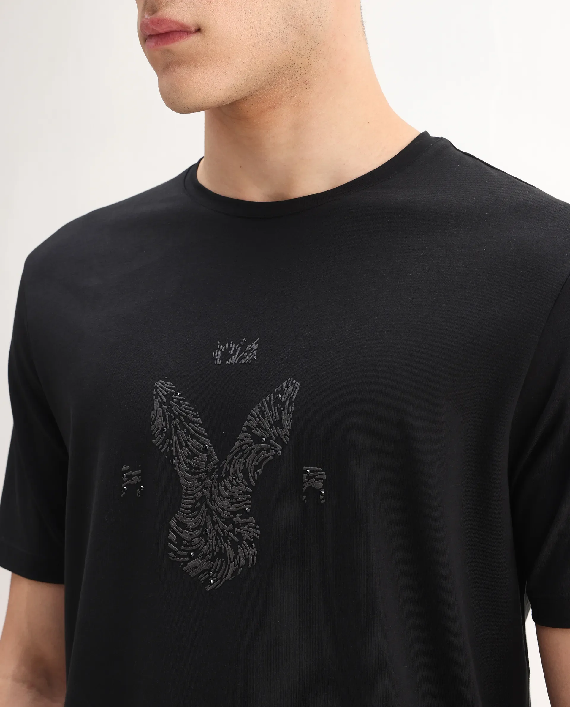 Rare Rabbit Men's Rudi Black Cotton Blend Graphic Print Regular Fit Half Sleeve Crew Neck T-Shirt - Image 3