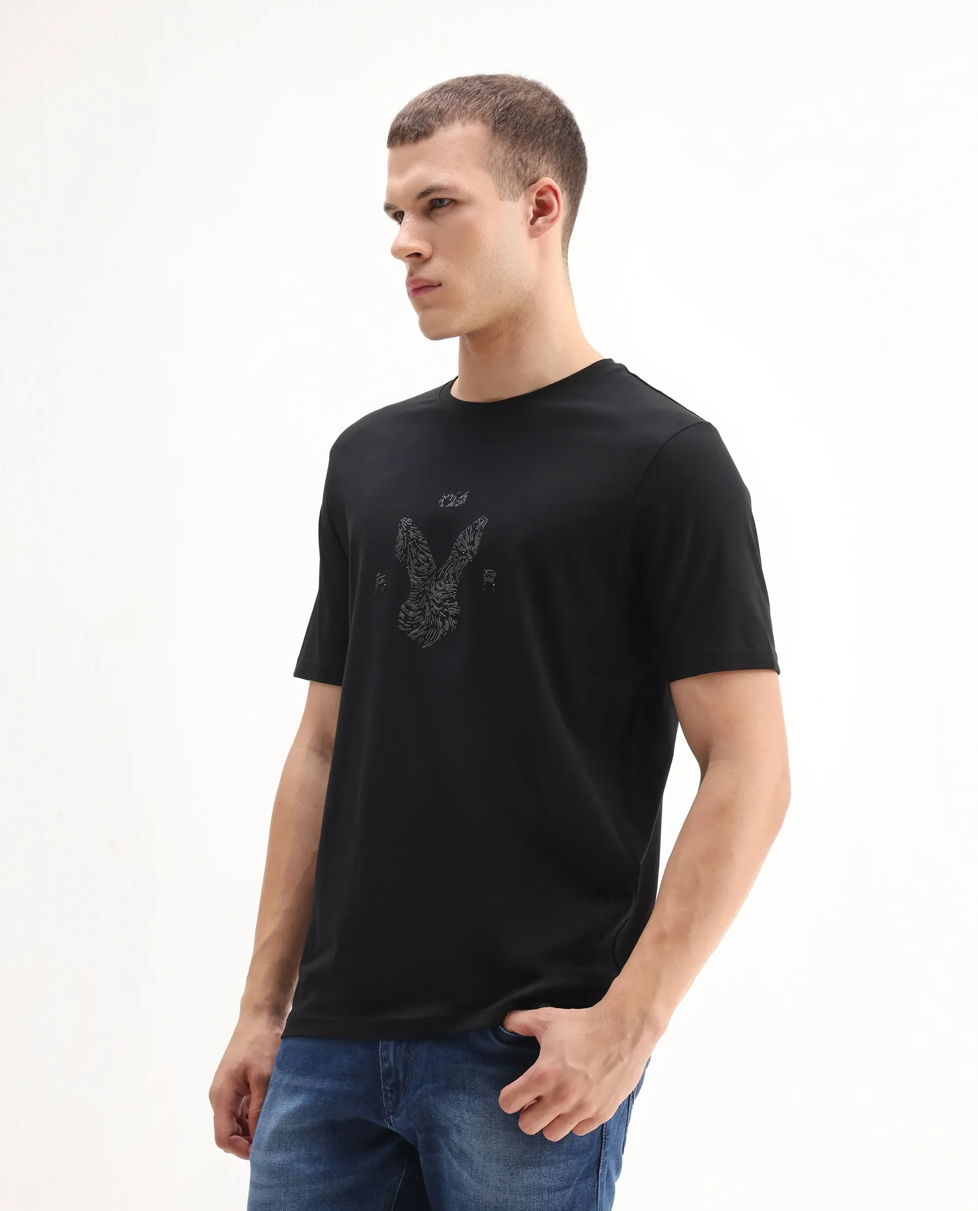 Rare Rabbit Men's Rudi Black Cotton Blend Graphic Print Regular Fit Half Sleeve Crew Neck T-Shirt - Image 4