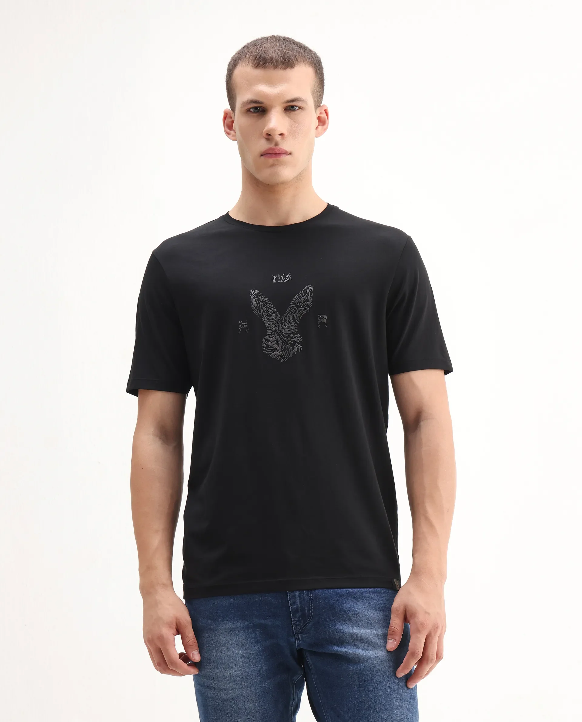 Rare Rabbit Men's Rudi Black Cotton Blend Graphic Print Regular Fit Half Sleeve Crew Neck T-Shirt - Image 5