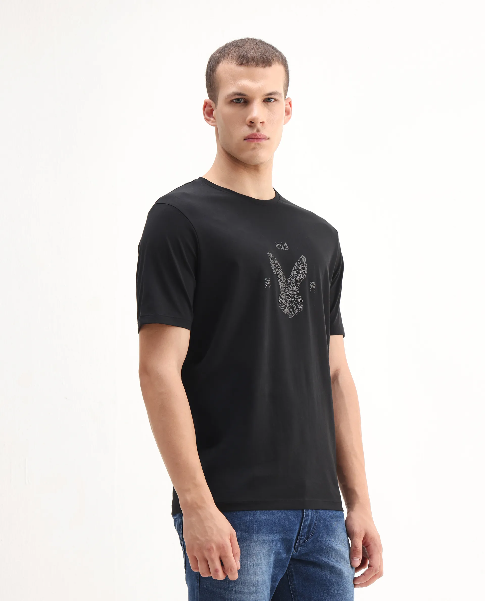 Rare Rabbit Men's Rudi Black Cotton Blend Graphic Print Regular Fit Half Sleeve Crew Neck T-Shirt - Image 6