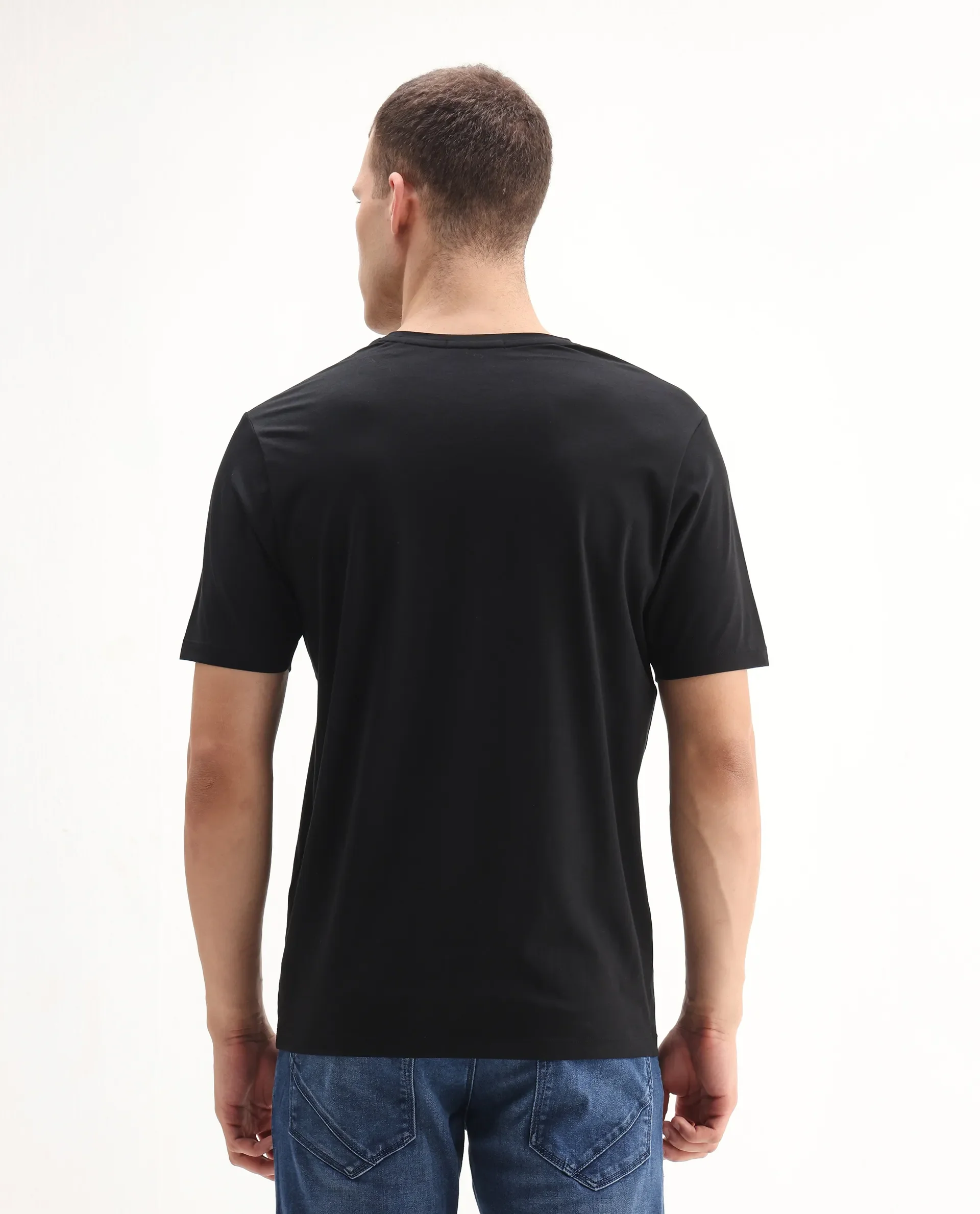 Rare Rabbit Men's Rudi Black Cotton Blend Graphic Print Regular Fit Half Sleeve Crew Neck T-Shirt - Image 7
