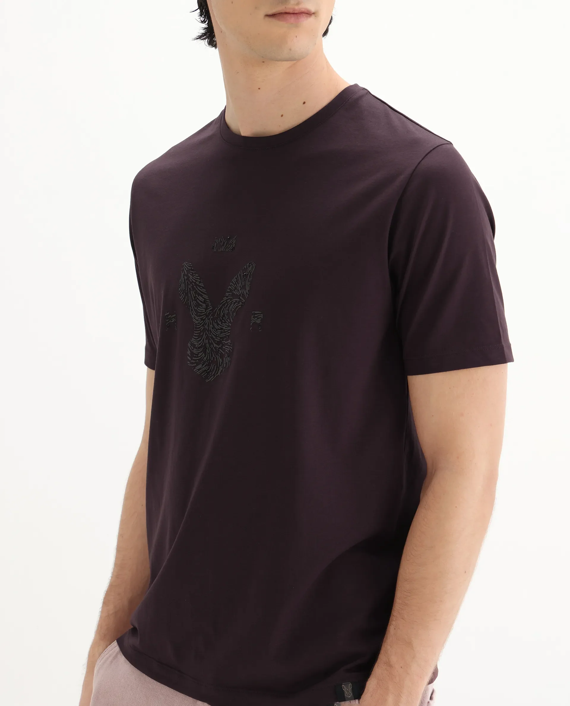 Rare Rabbit Men's Rudi Dark Brown Cotton Blend Graphic Print Regular Fit Half Sleeve Crew Neck T-Shirt - Image 3