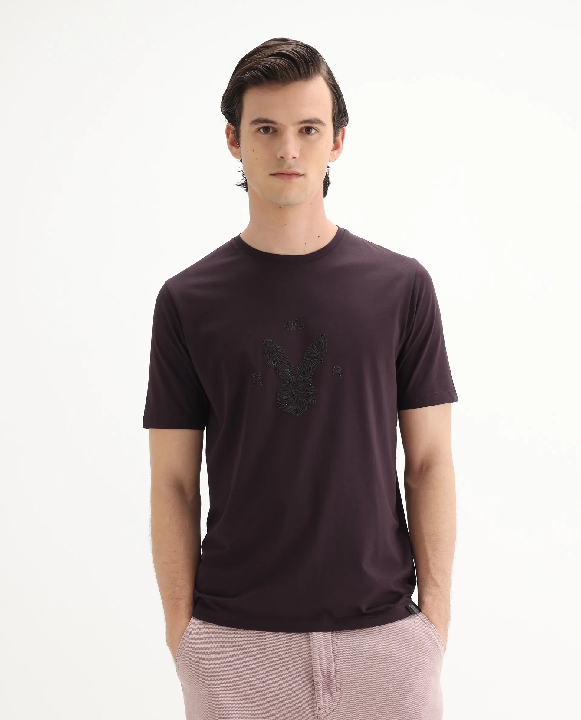 Rare Rabbit Men's Rudi Dark Brown Cotton Blend Graphic Print Regular Fit Half Sleeve Crew Neck T-Shirt - Image 4
