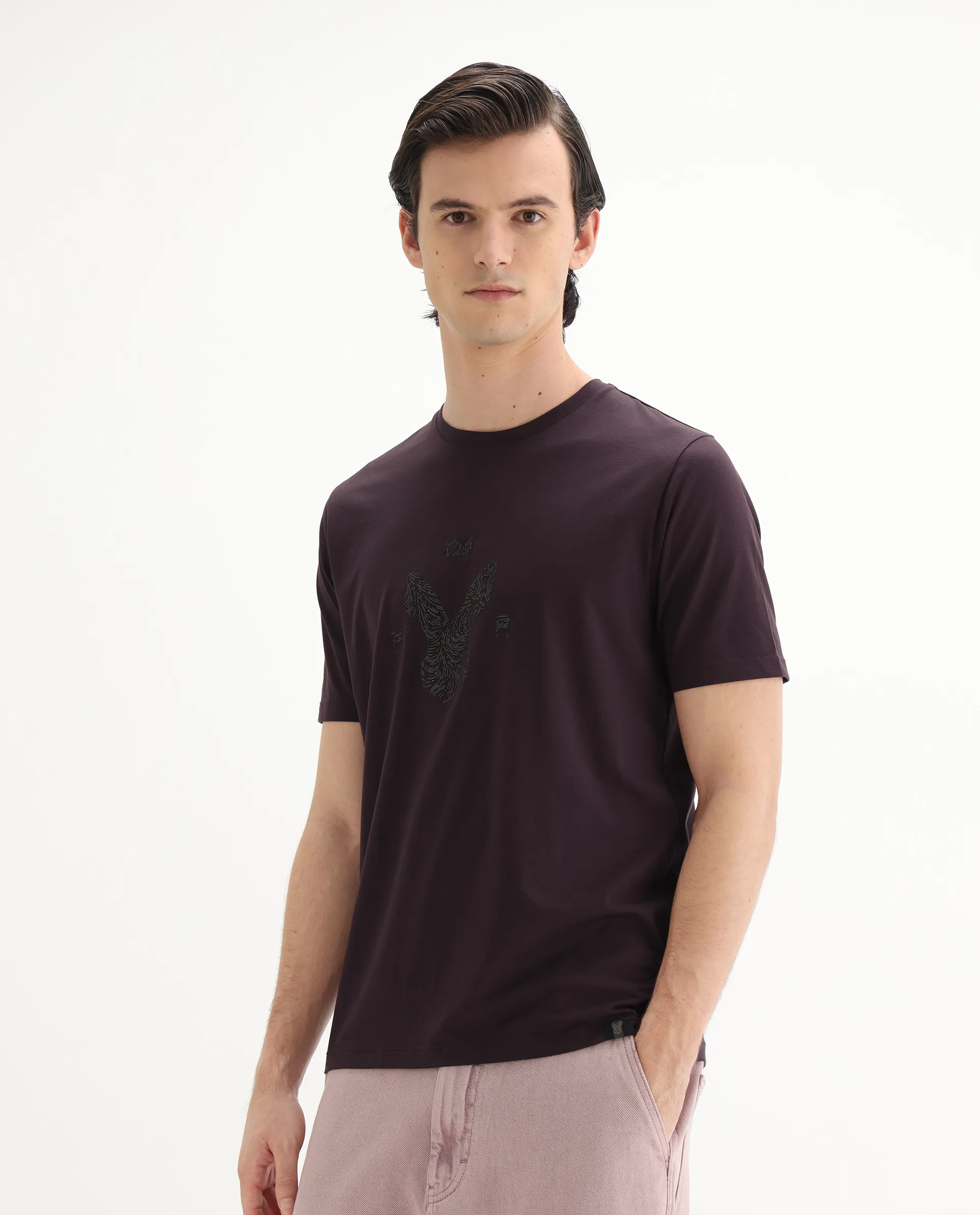 Rare Rabbit Men's Rudi Dark Brown Cotton Blend Graphic Print Regular Fit Half Sleeve Crew Neck T-Shirt - Image 5