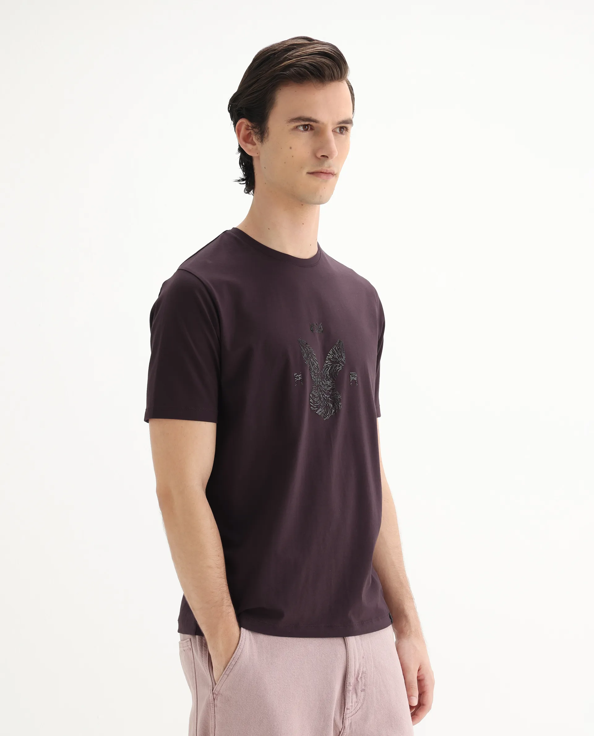 Rare Rabbit Men's Rudi Dark Brown Cotton Blend Graphic Print Regular Fit Half Sleeve Crew Neck T-Shirt - Image 6
