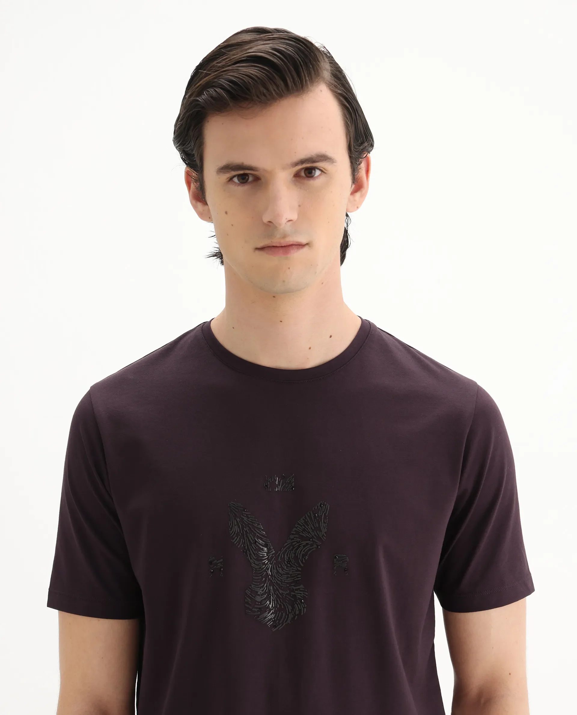 Rare Rabbit Men's Rudi Dark Brown Cotton Blend Graphic Print Regular Fit Half Sleeve Crew Neck T-Shirt - Image 7