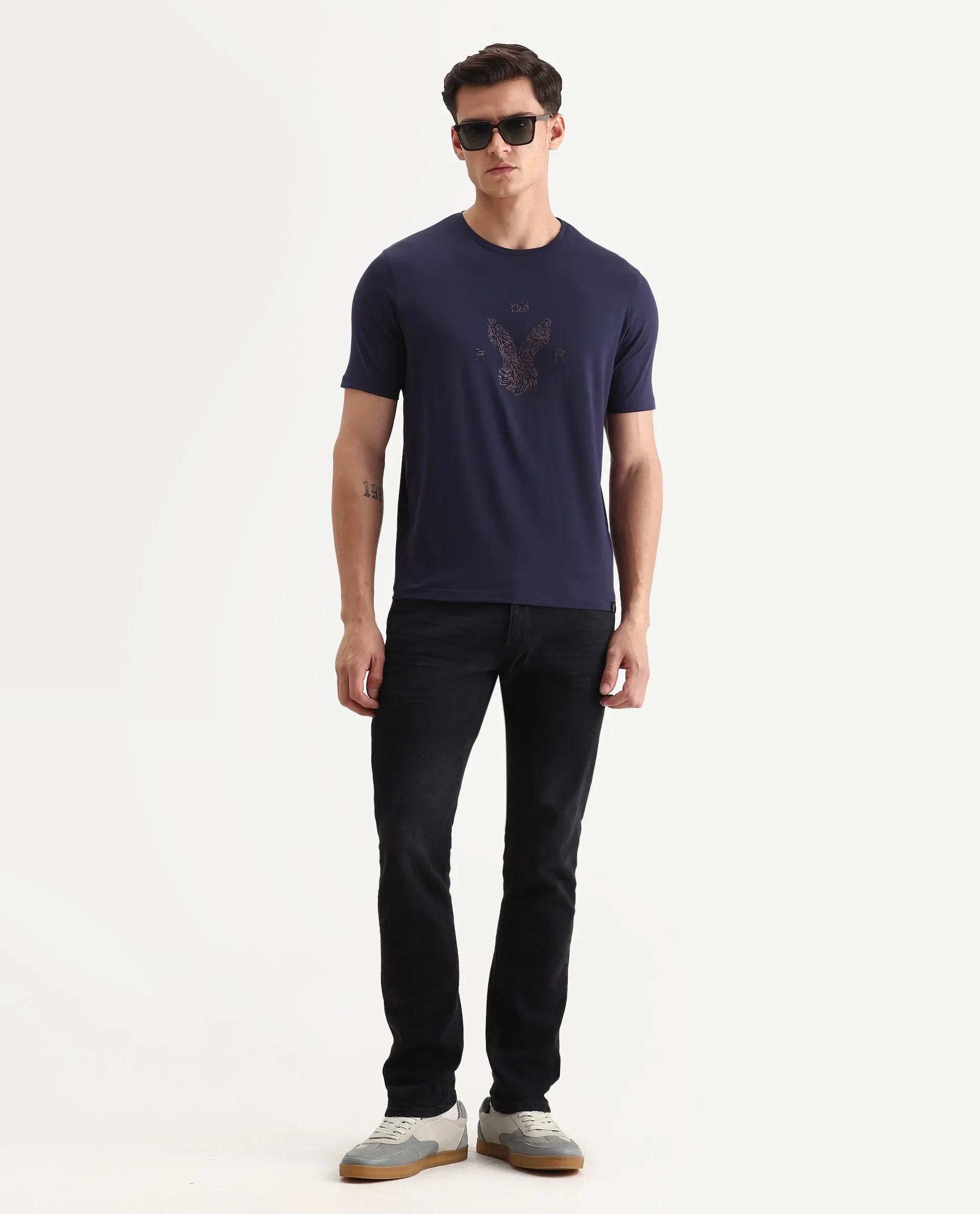 Rare Rabbit Men's Rudi Dark Navy Cotton Blend Graphic Print Regular Fit Half Sleeve Crew Neck T-Shirt - Image 2