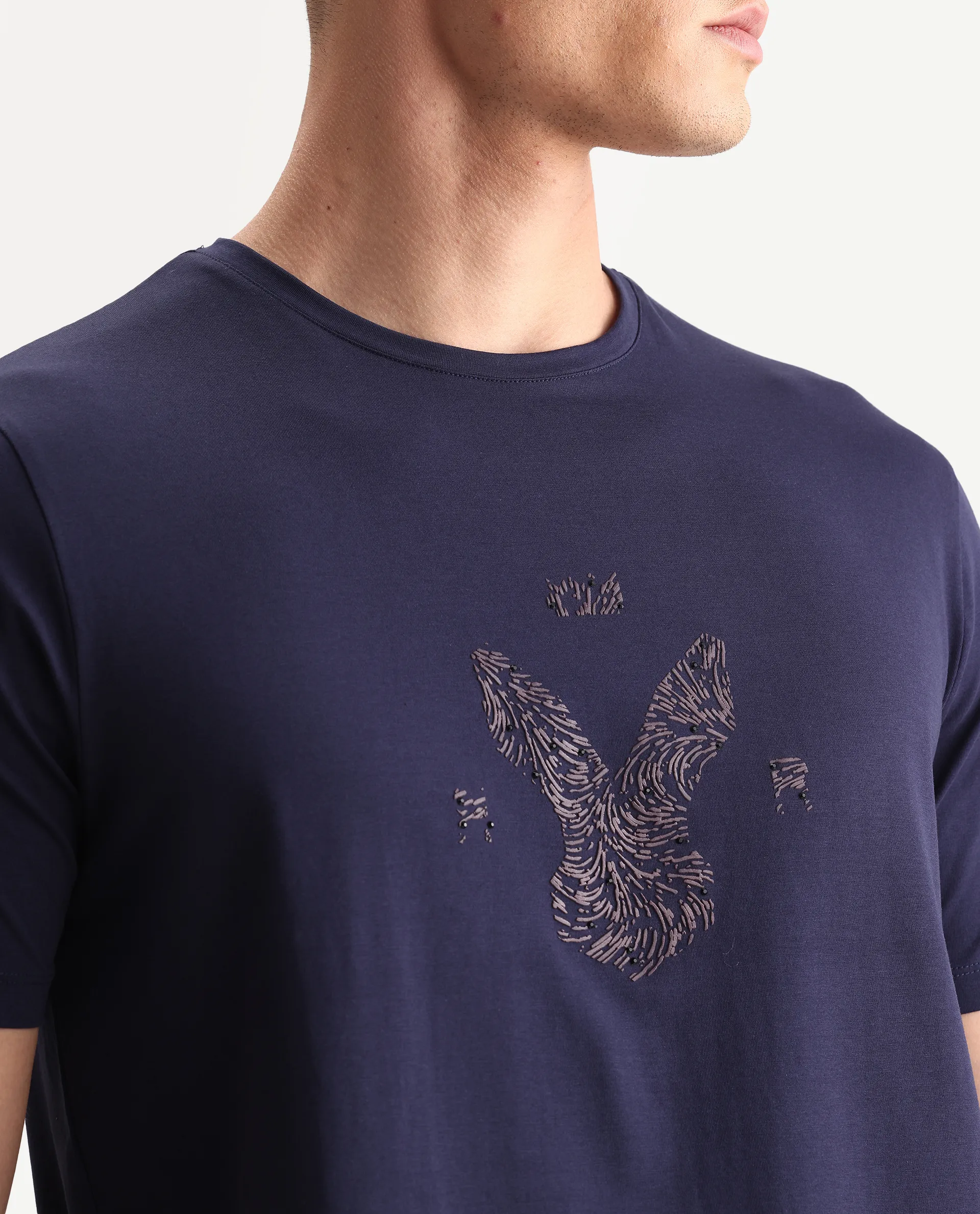 Rare Rabbit Men's Rudi Dark Navy Cotton Blend Graphic Print Regular Fit Half Sleeve Crew Neck T-Shirt - Image 3