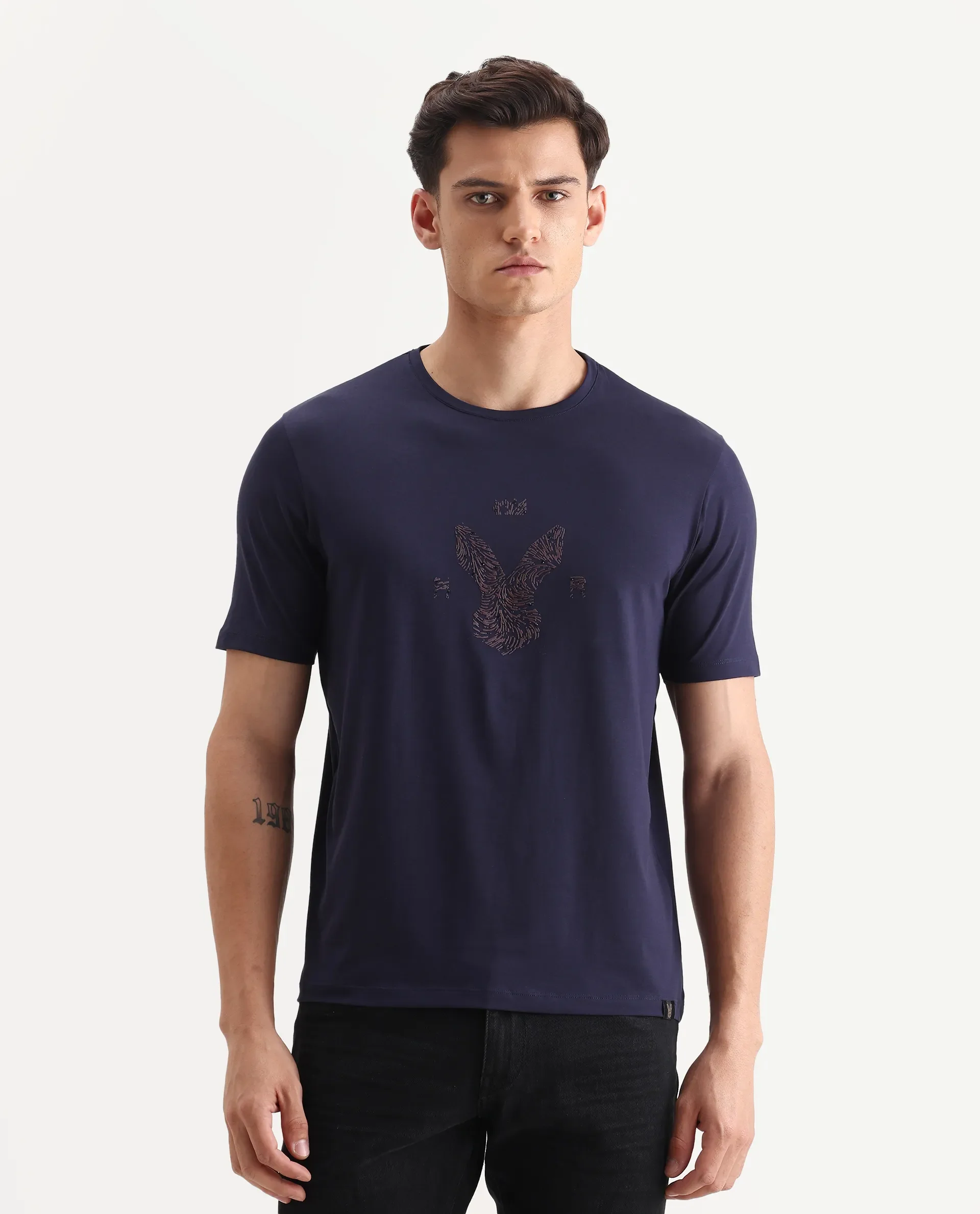 Rare Rabbit Men's Rudi Dark Navy Cotton Blend Graphic Print Regular Fit Half Sleeve Crew Neck T-Shirt - Image 4