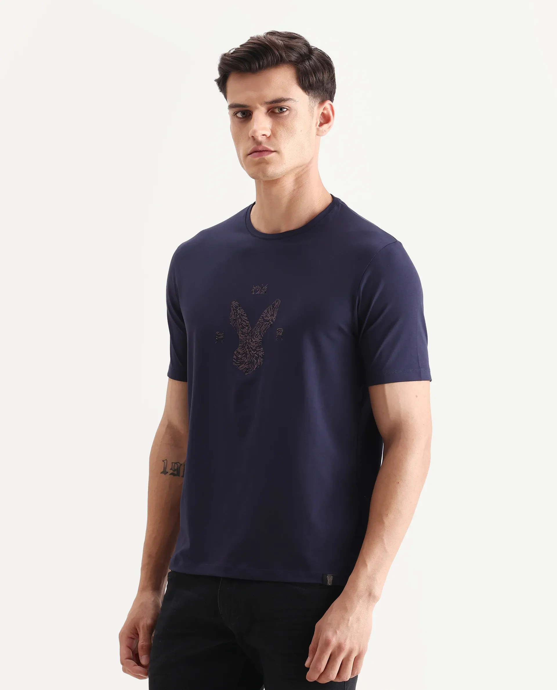 Rare Rabbit Men's Rudi Dark Navy Cotton Blend Graphic Print Regular Fit Half Sleeve Crew Neck T-Shirt - Image 5