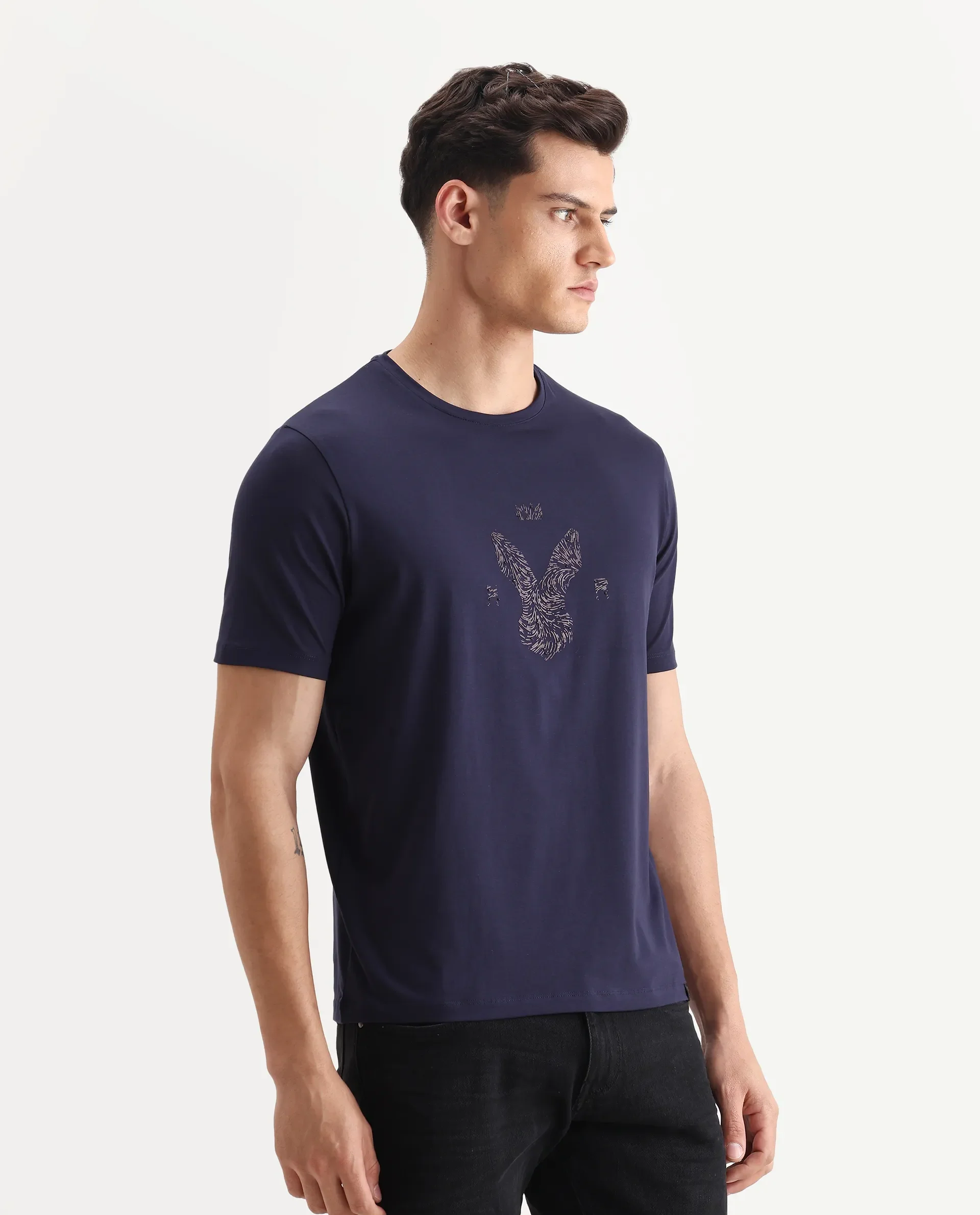Rare Rabbit Men's Rudi Dark Navy Cotton Blend Graphic Print Regular Fit Half Sleeve Crew Neck T-Shirt - Image 6