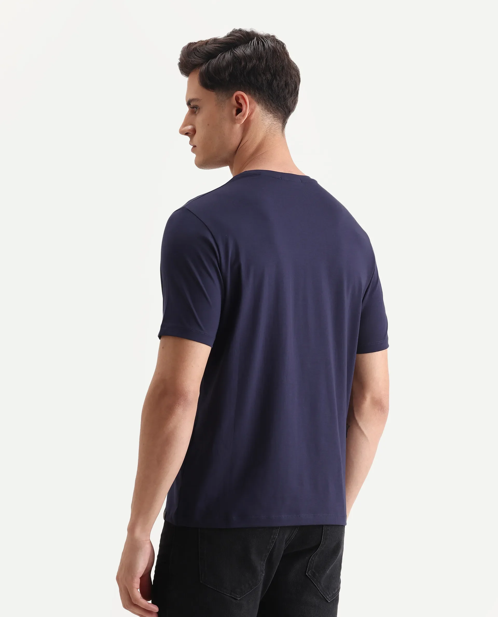 Rare Rabbit Men's Rudi Dark Navy Cotton Blend Graphic Print Regular Fit Half Sleeve Crew Neck T-Shirt - Image 7