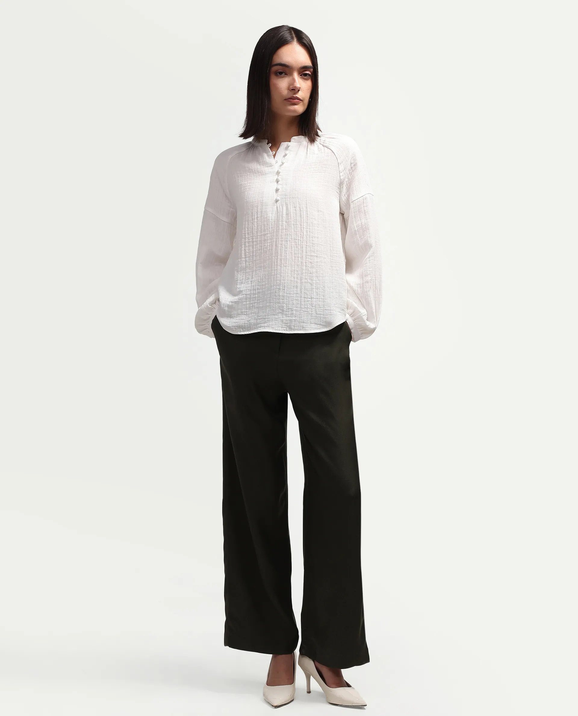 Rareism Women's Rudin White Cotton Band Collar Relaxed Plain Top - Image 2