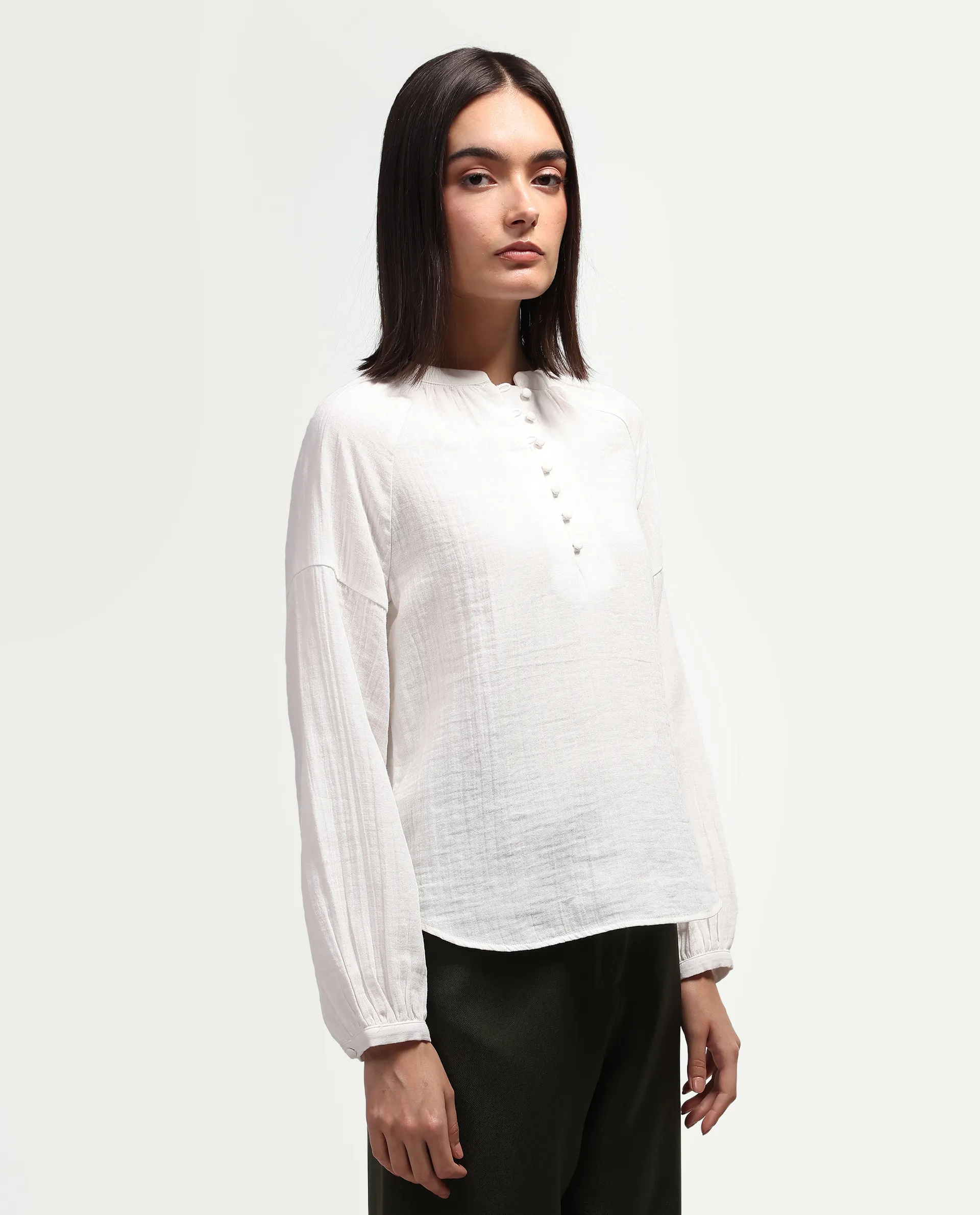 Rareism Women's Rudin White Cotton Band Collar Relaxed Plain Top - Image 5
