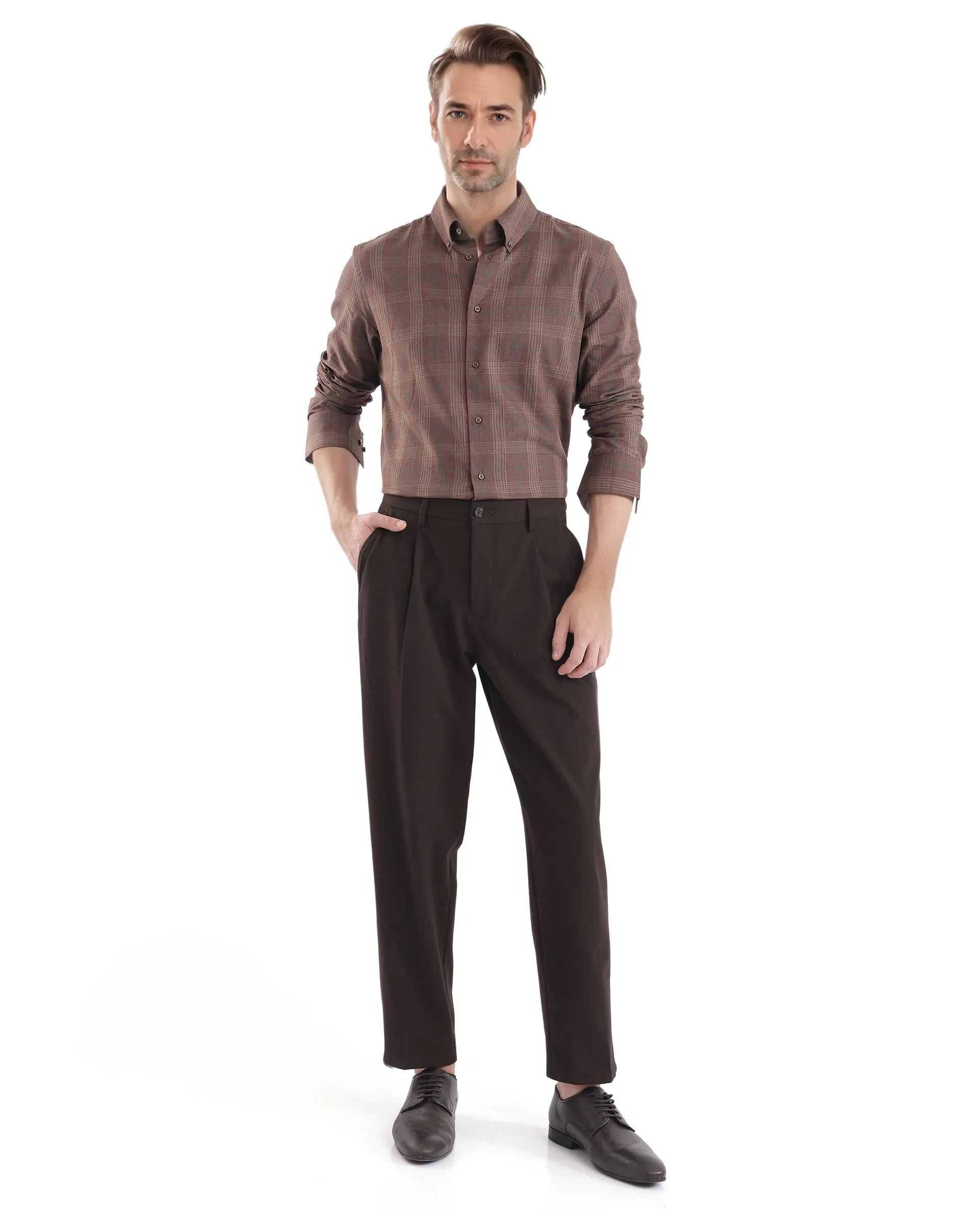 Rare Rabbit Men's Rudo Brown Cotton Checked Print Regular Fit Full Sleeve Collared Shirt - Image 2