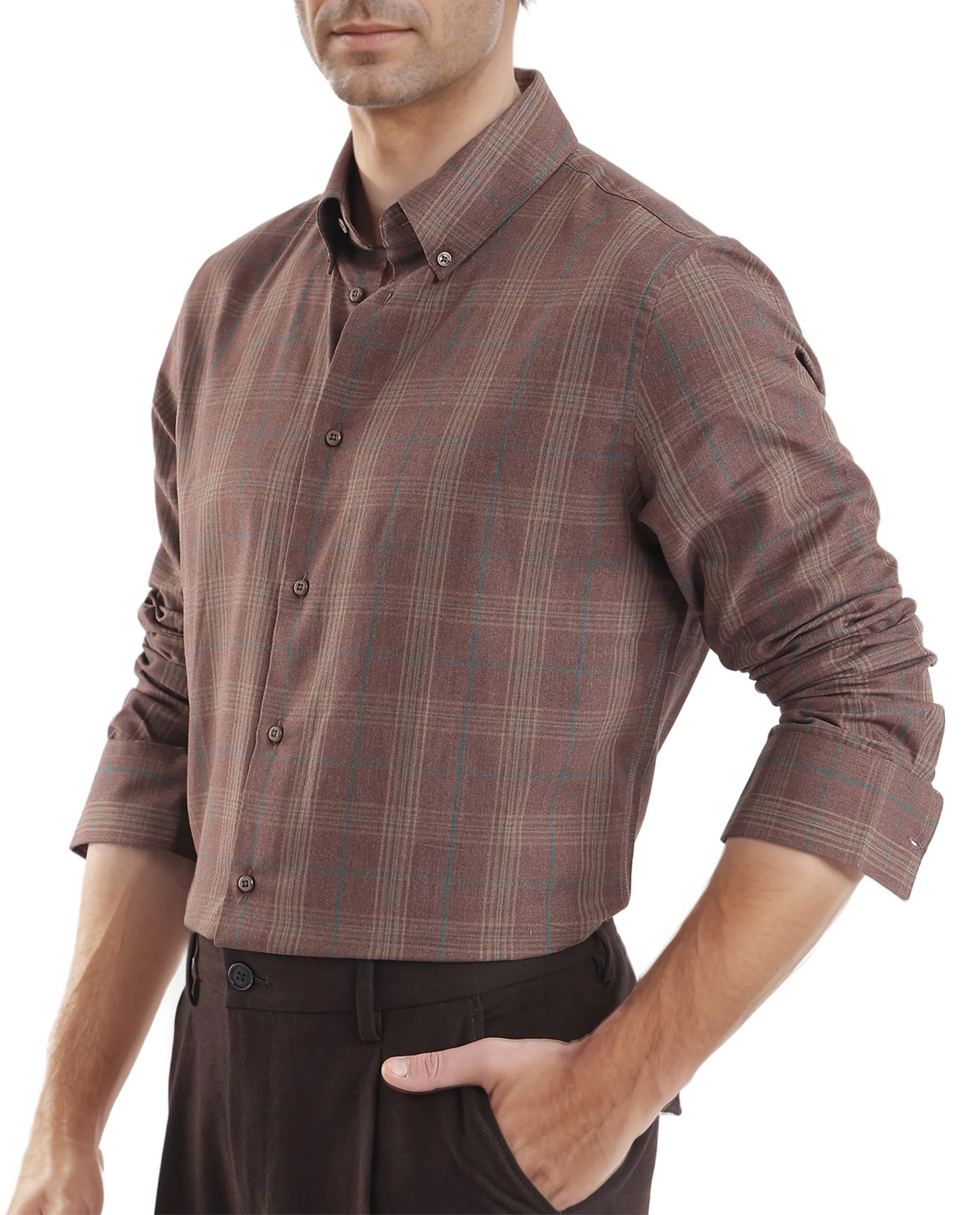 Rare Rabbit Men's Rudo Brown Cotton Checked Print Regular Fit Full Sleeve Collared Shirt - Image 4