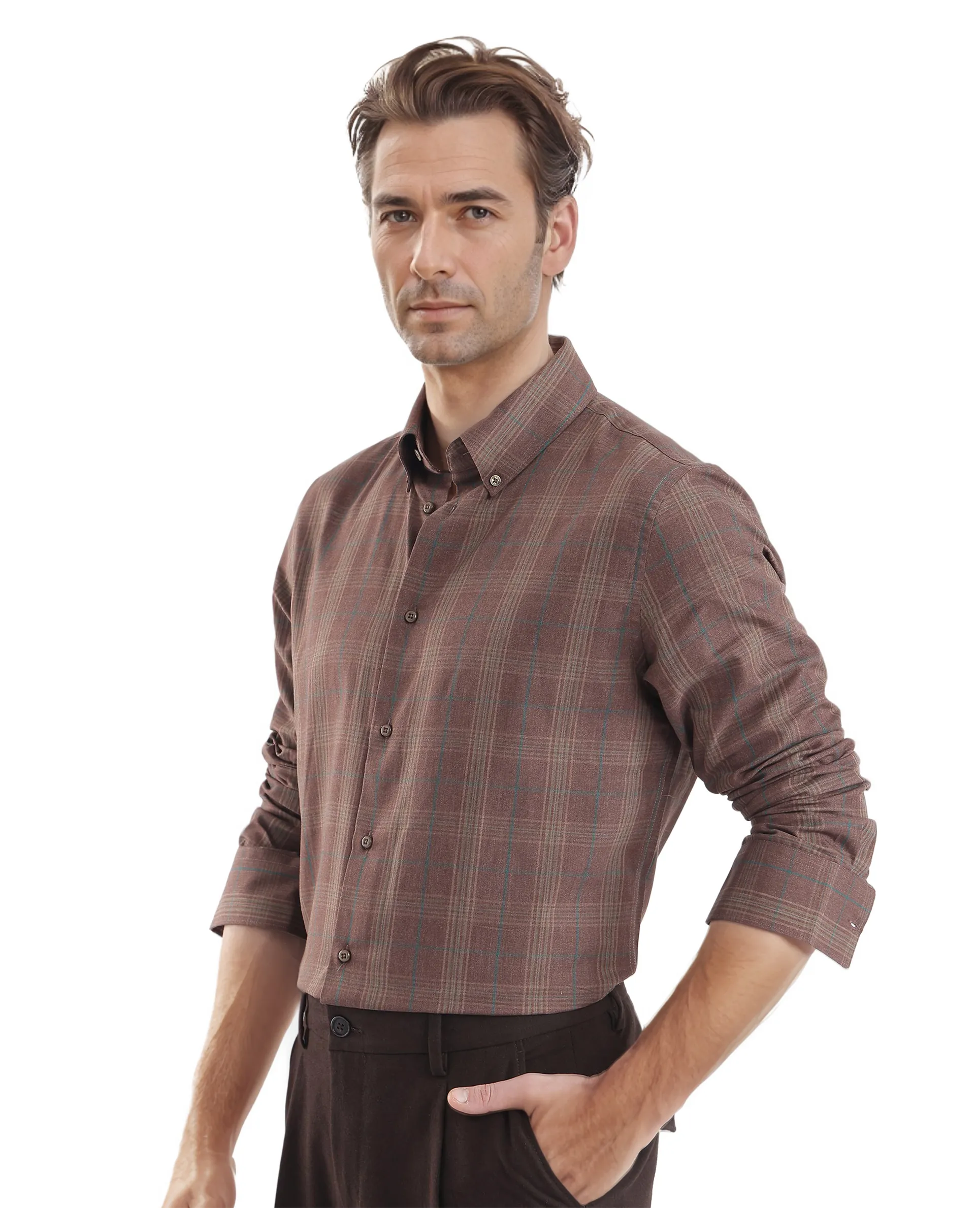 Rare Rabbit Men's Rudo Brown Cotton Checked Print Regular Fit Full Sleeve Collared Shirt - Image 6