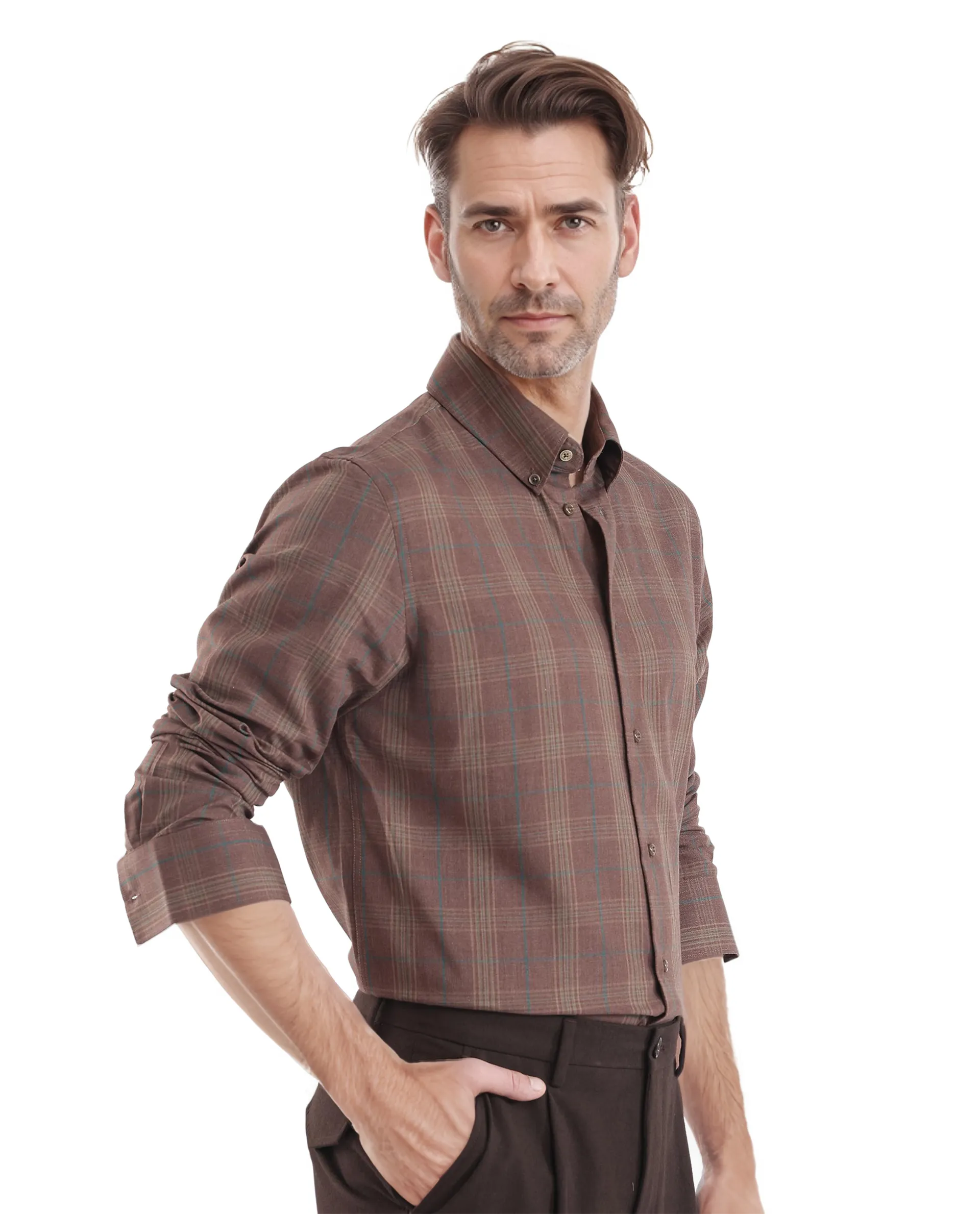 Rare Rabbit Men's Rudo Brown Cotton Checked Print Regular Fit Full Sleeve Collared Shirt - Image 7
