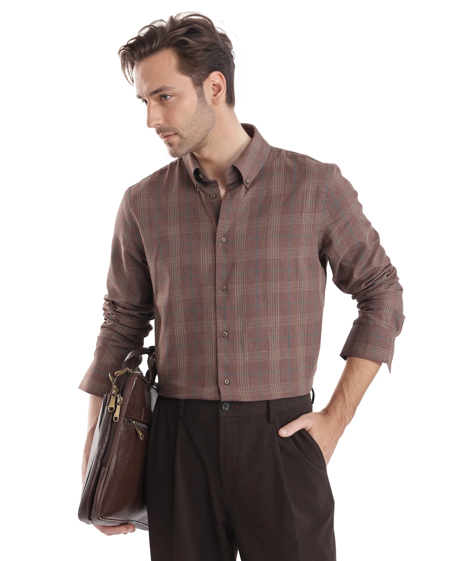 Rare Rabbit Men's Rudo Brown Cotton Checked Print Regular Fit Full Sleeve Collared Shirt - Image 8
