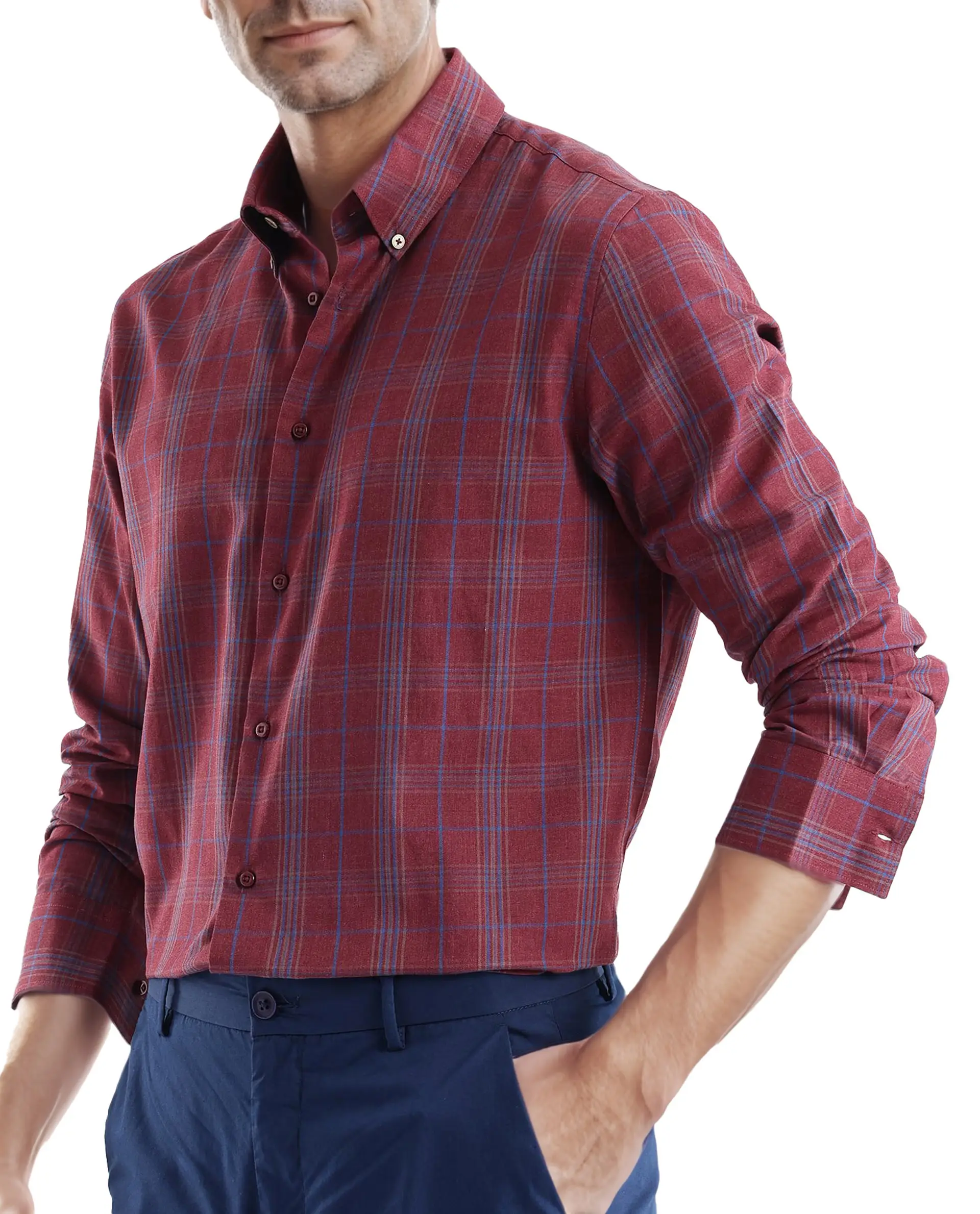 Rare Rabbit Men's Rudo Dark Red Cotton Checked Print Regular Fit Full Sleeve Collared Shirt - Image 3
