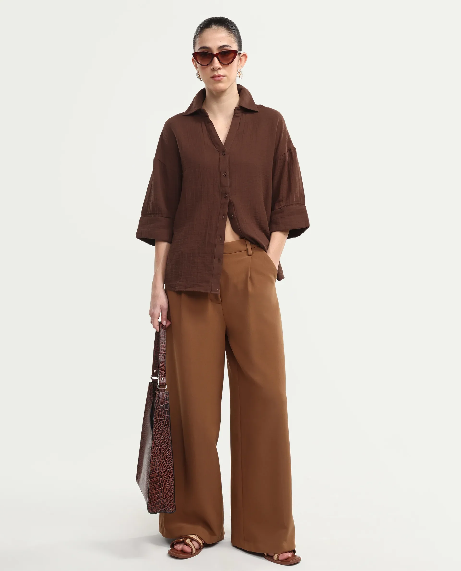 Rareism Women's Rudoc-T Brown Cotton Johnny Collar Oversized Plain Shirt - Image 2