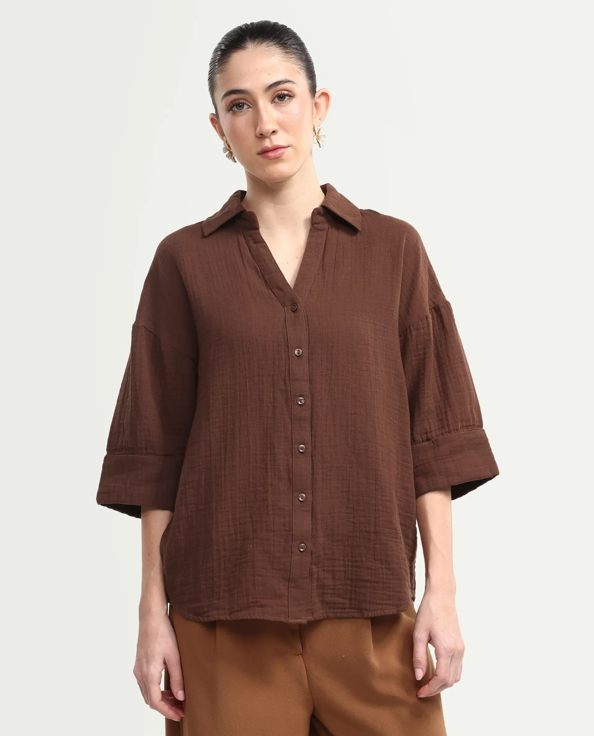 Rareism Women's Rudoc-T Brown Cotton Johnny Collar Oversized Plain Shirt - Image 3