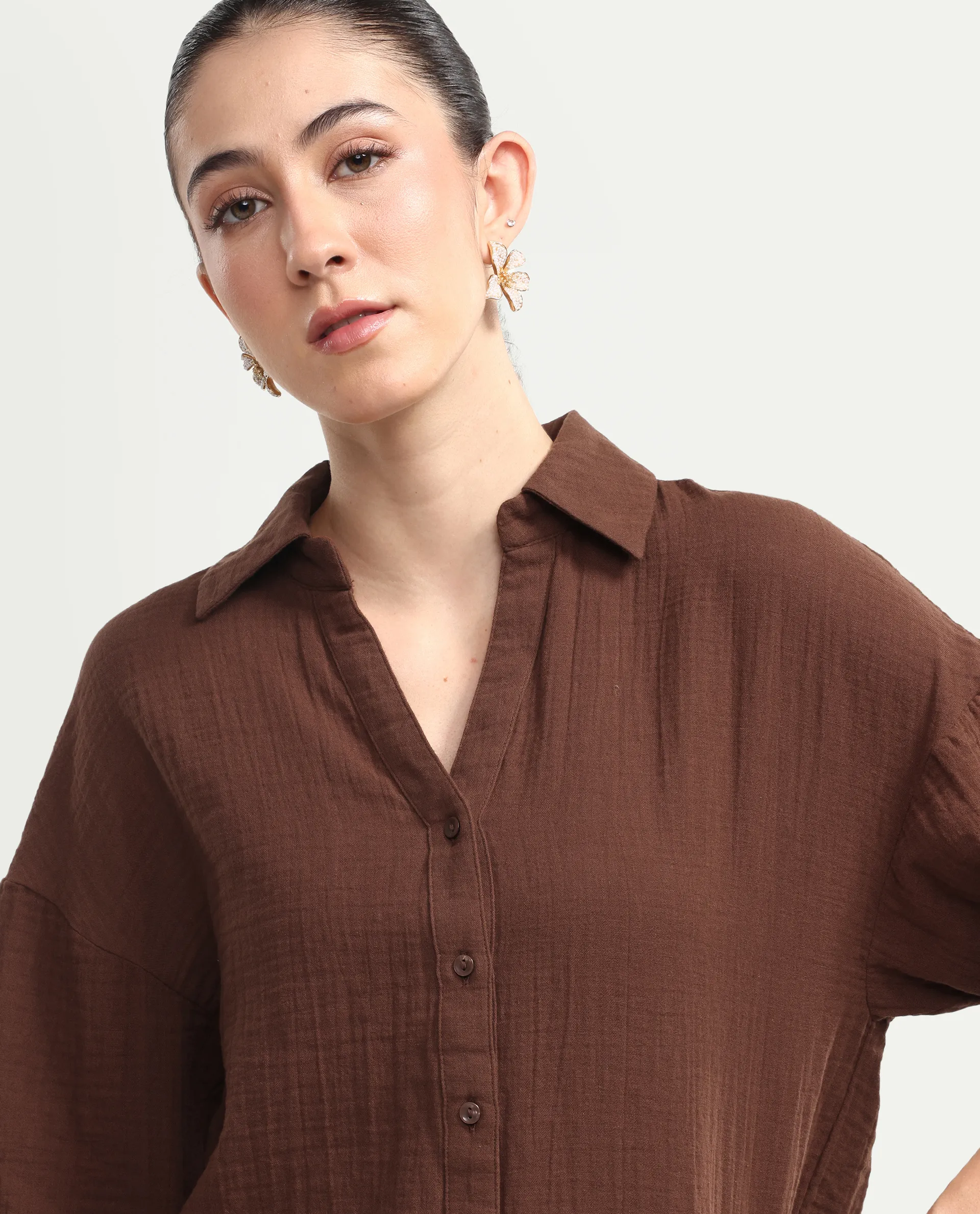 Rareism Women's Rudoc-T Brown Cotton Johnny Collar Oversized Plain Shirt - Image 4