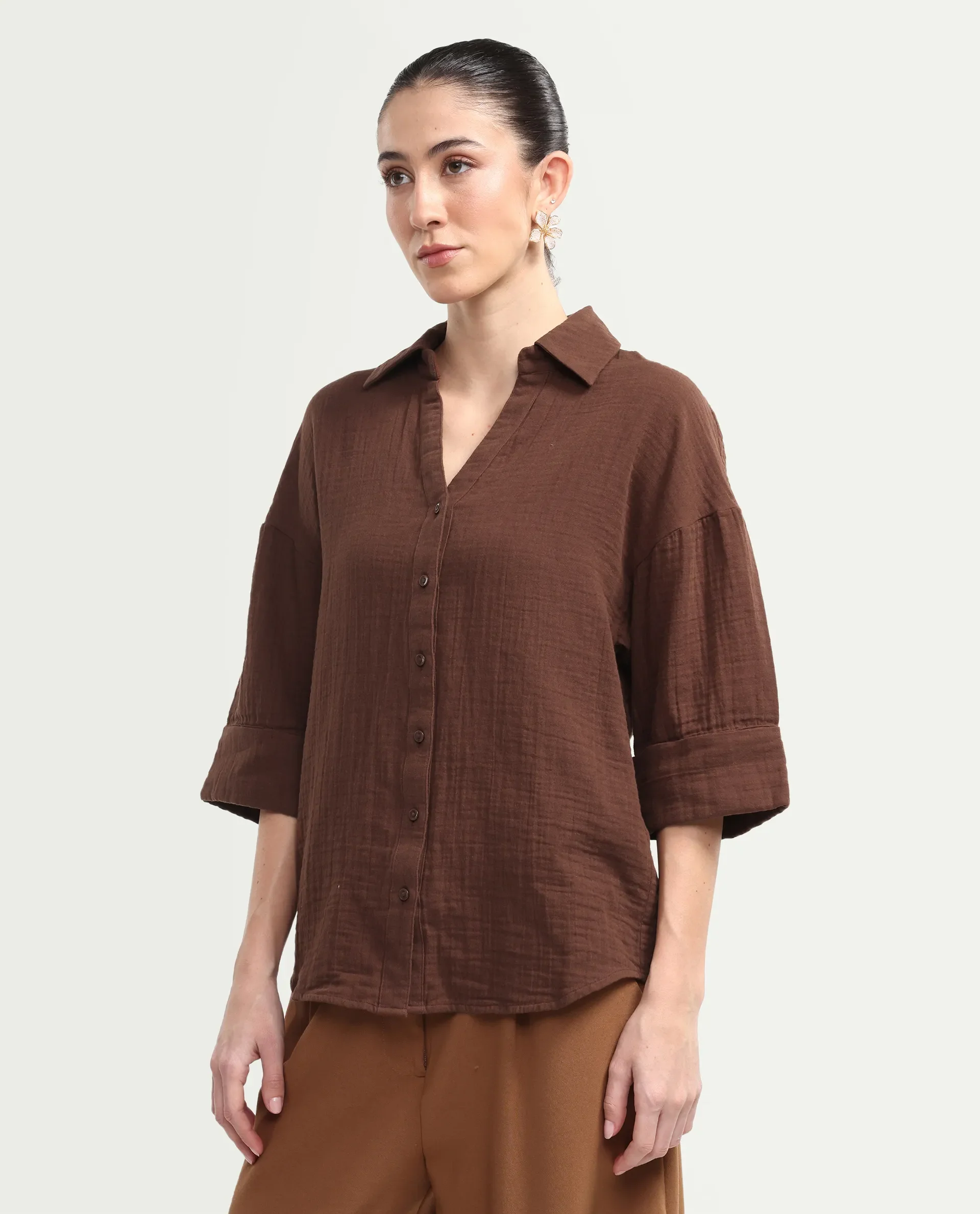 Rareism Women's Rudoc-T Brown Cotton Johnny Collar Oversized Plain Shirt - Image 5