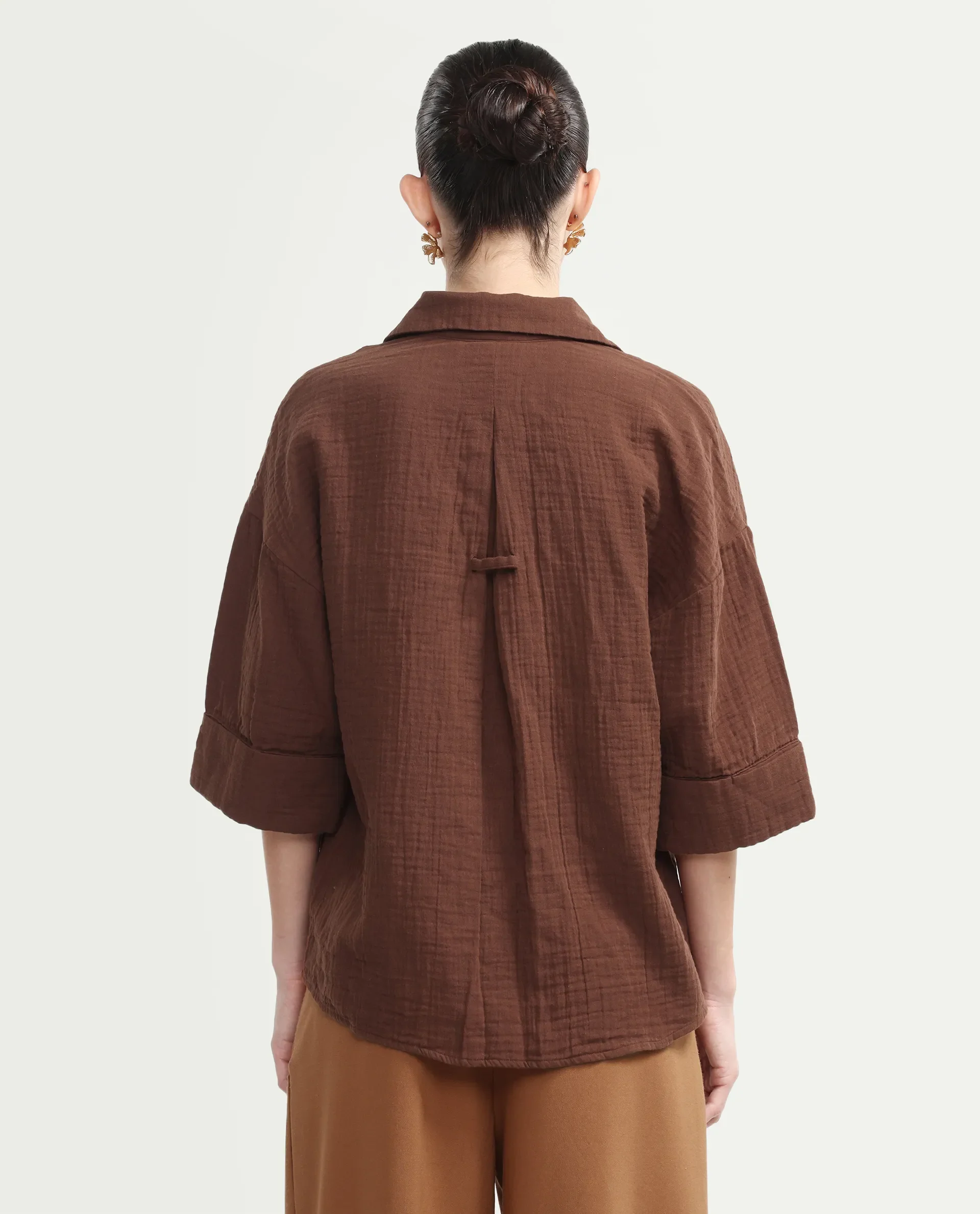 Rareism Women's Rudoc-T Brown Cotton Johnny Collar Oversized Plain Shirt - Image 7