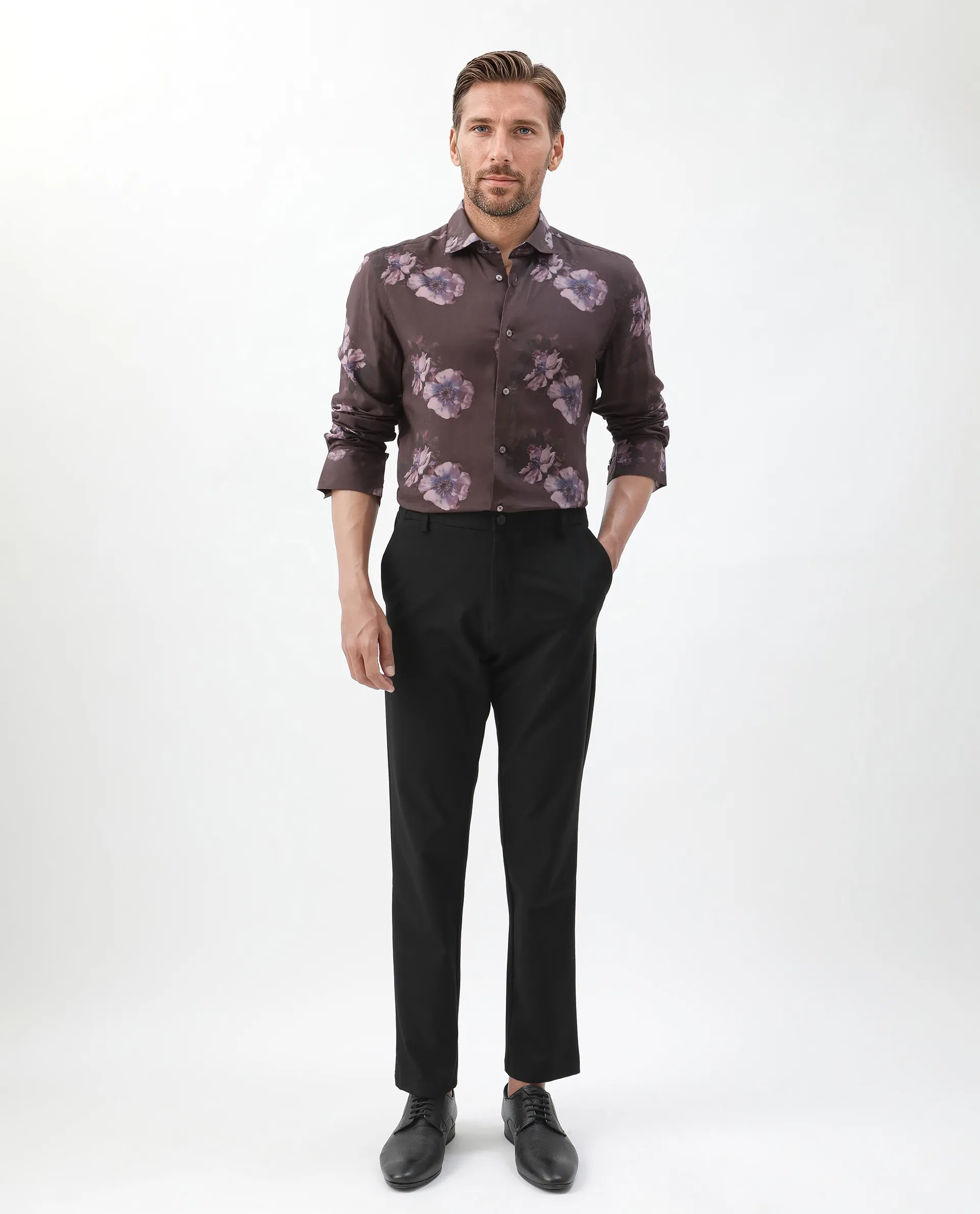 Rare Rabbit Men's Ruds Brown Viscose Floral Print Regular Fit Full Sleeve Collared Shirt - Image 2