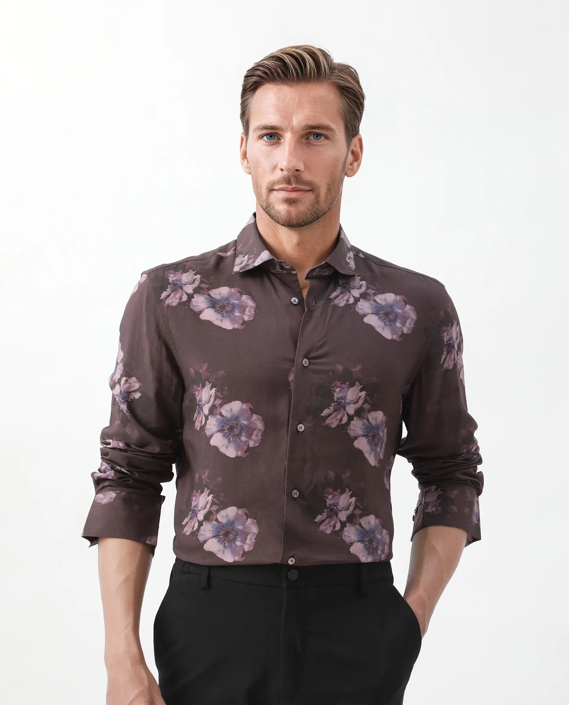 Rare Rabbit Men's Ruds Brown Viscose Floral Print Regular Fit Full Sleeve Collared Shirt - Image 3